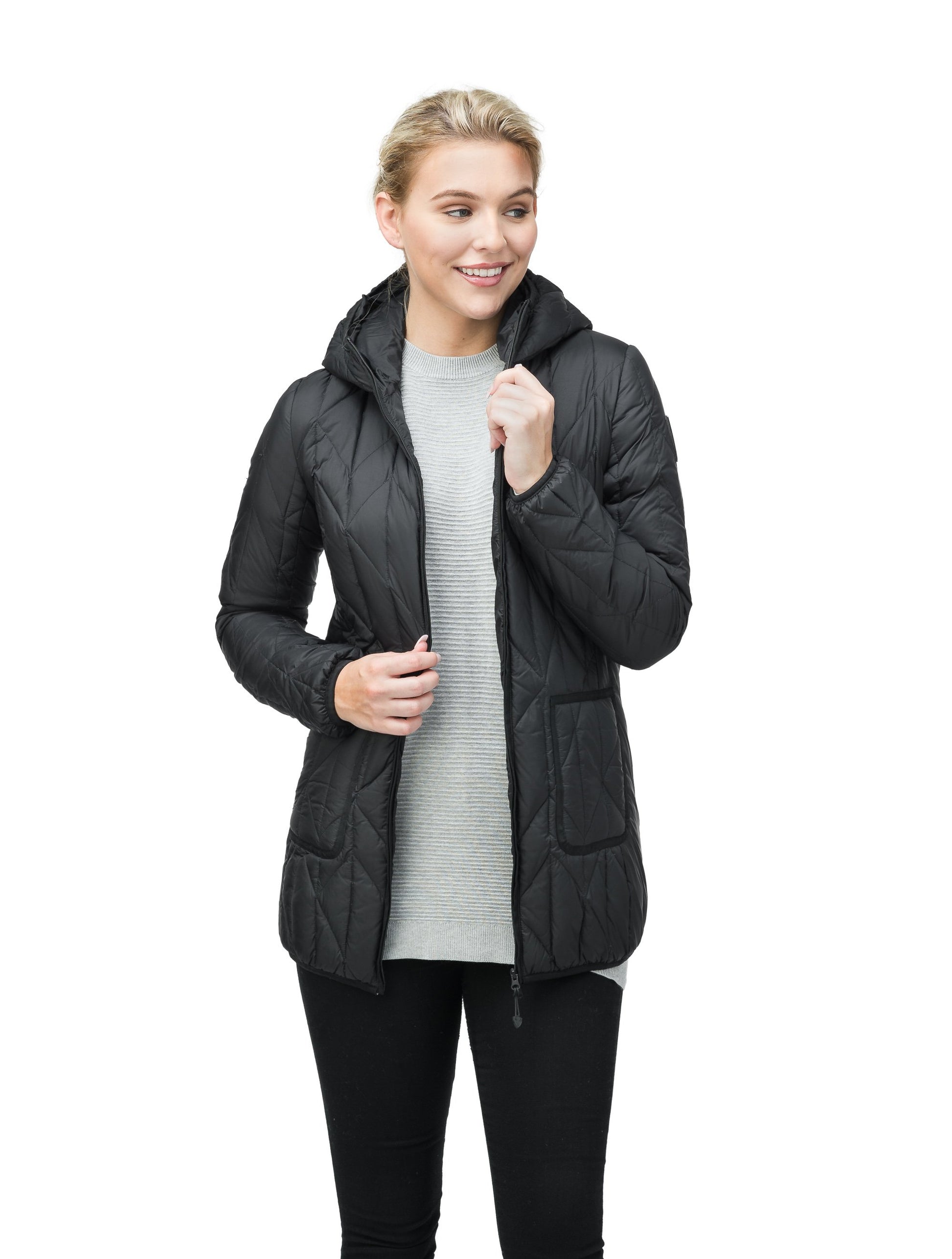 Women's down filled lightweight jacket with fishbone quilting and mid thigh silhouette in Black