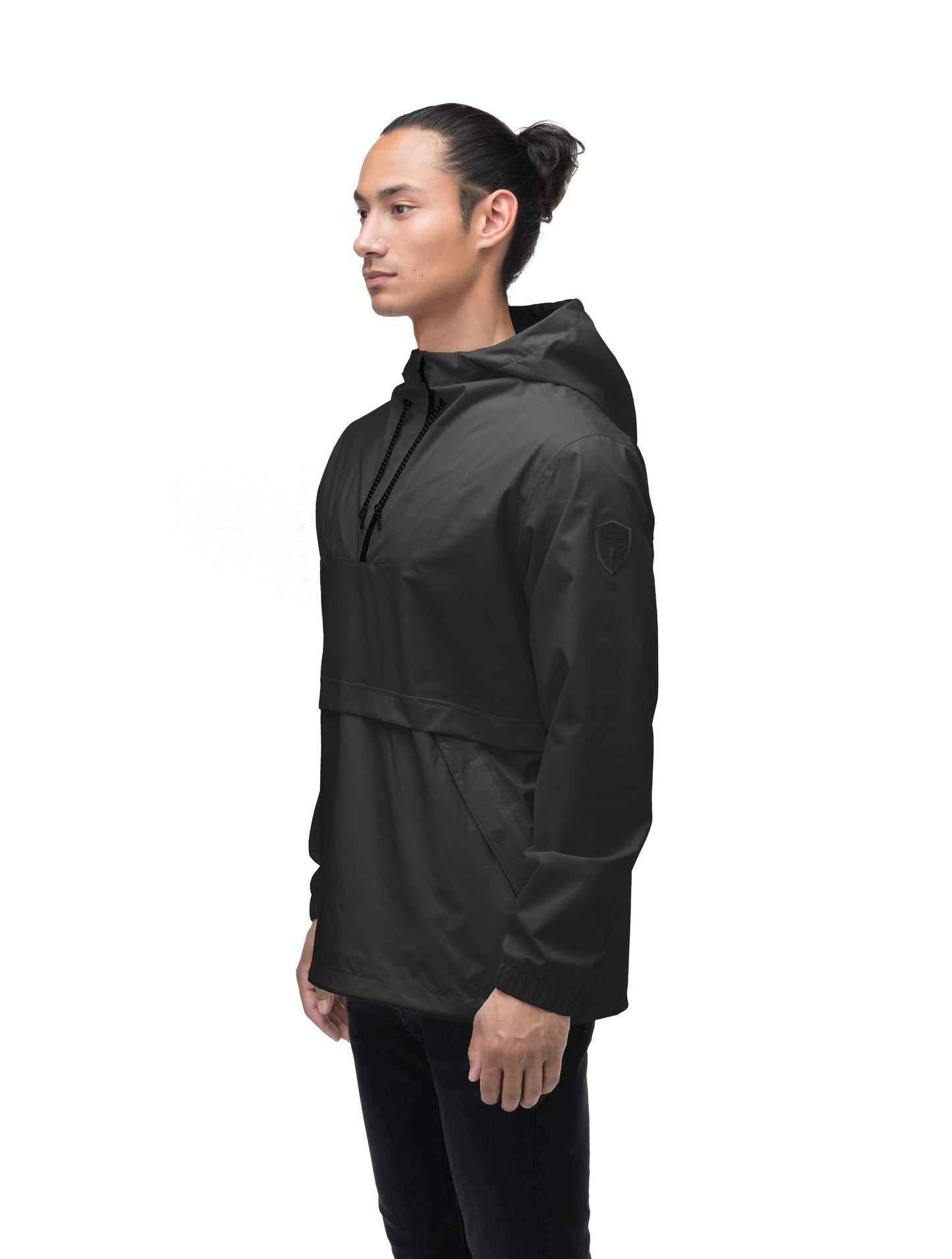 Men's hip length hooded pullover anorak with zipper at collar in Black