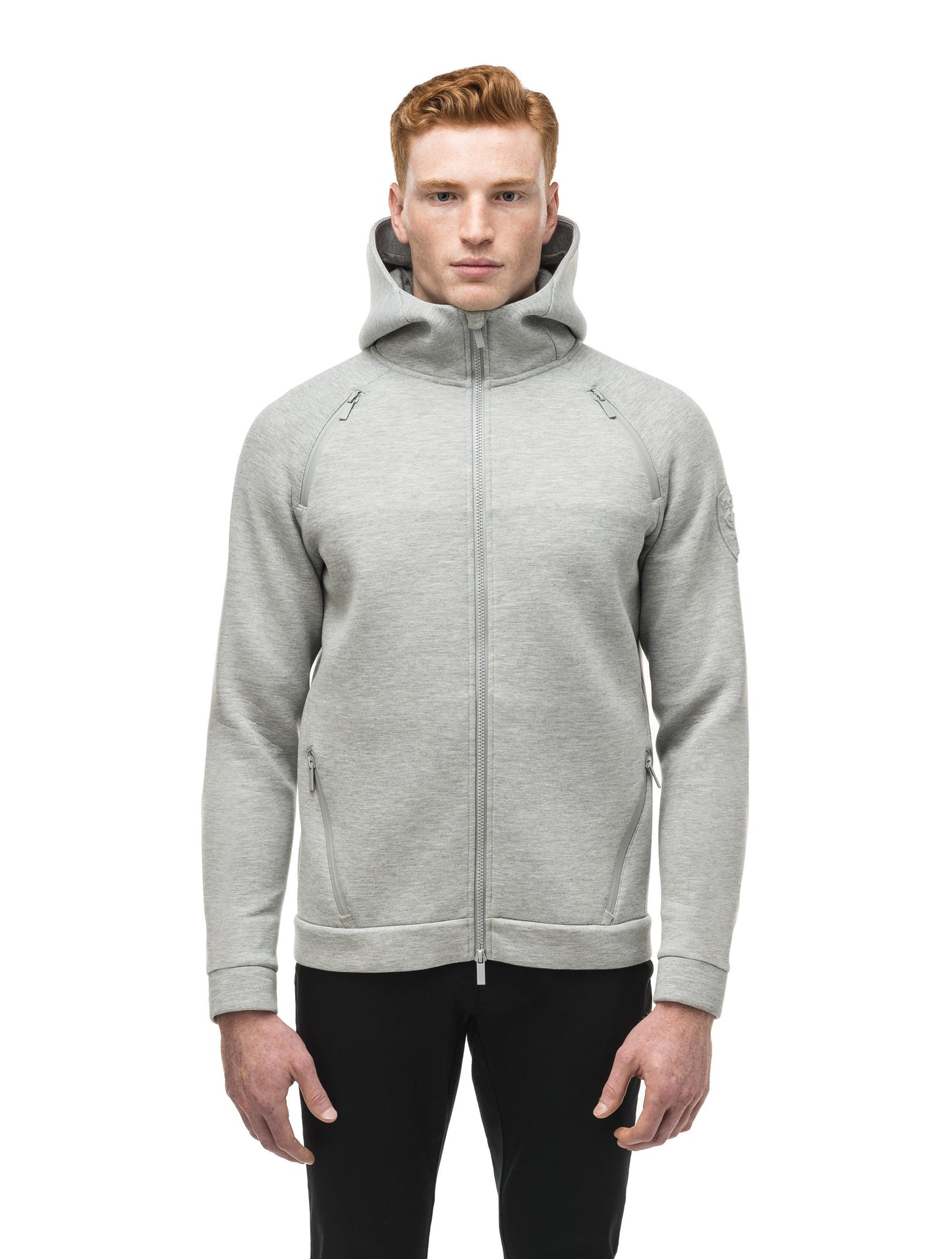 Men's premium rayon polyamide bonded jersey fabrication hoodie with exposed zipper in Grey Melange