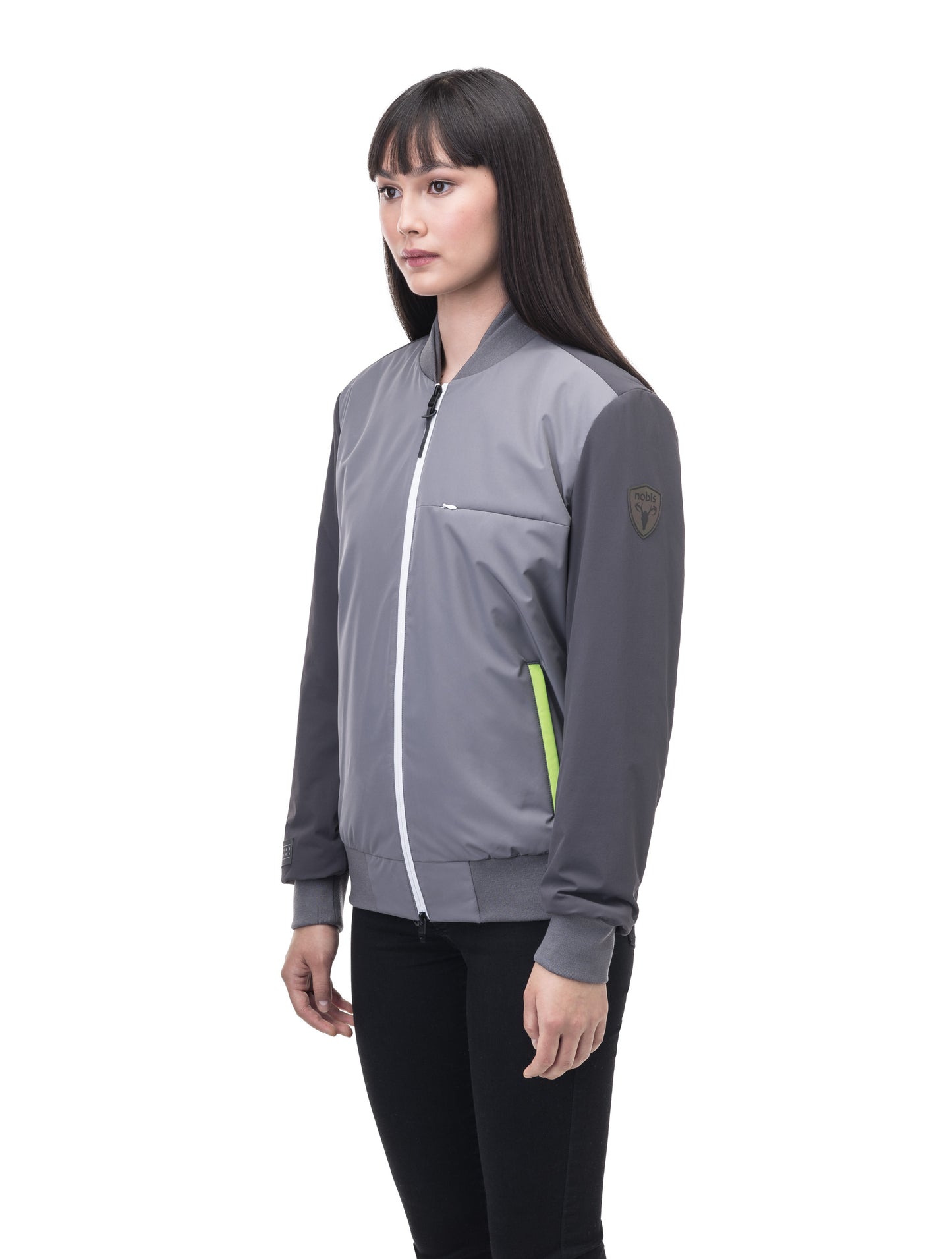 Unisex hip length bomber jacket with a contrast colour back panel, and zipper pockets at waist and an invisible zipper pocket at chest, in Concrete/Steel Grey