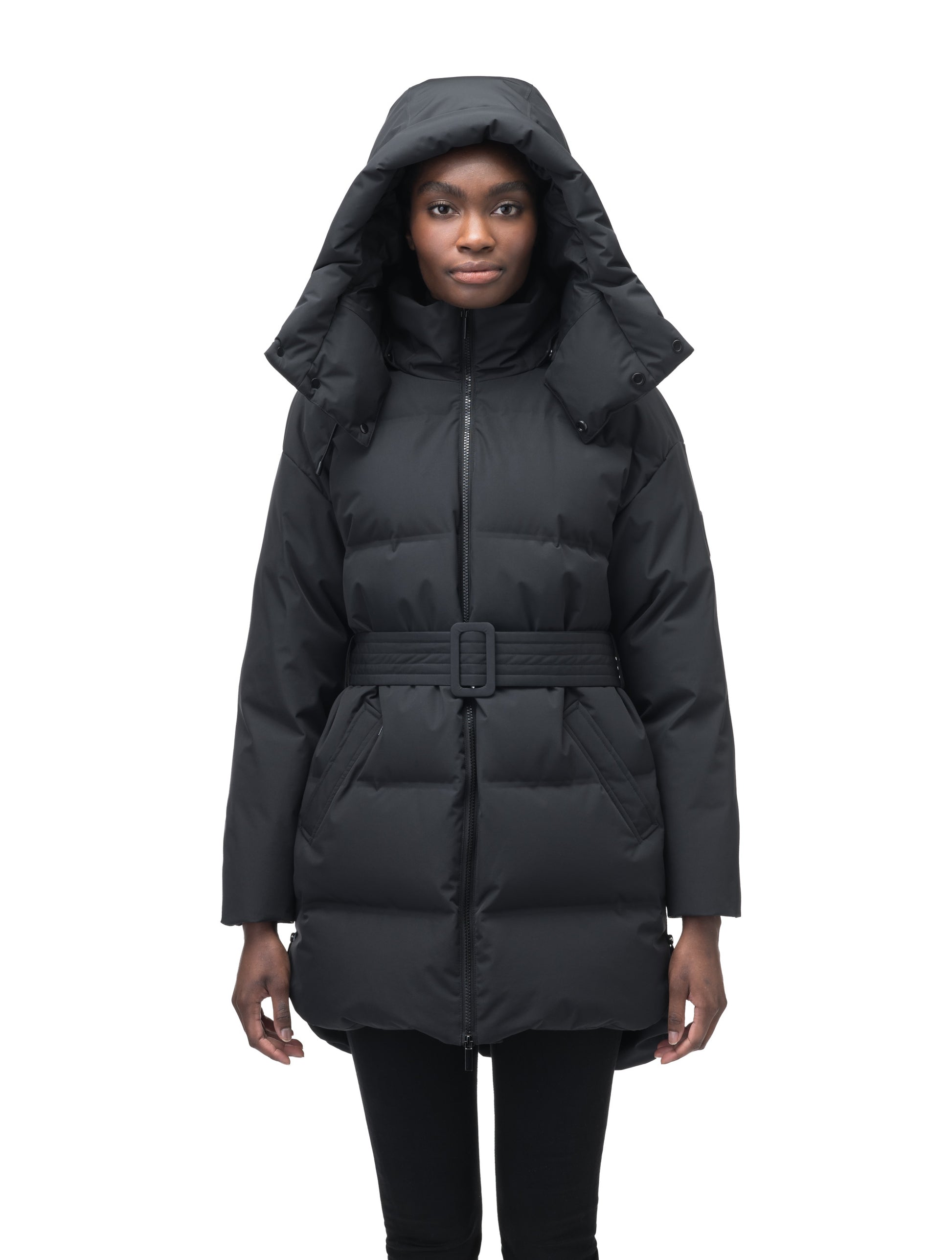 Women's thigh length down parka with removable hood and adjustable belt in Black