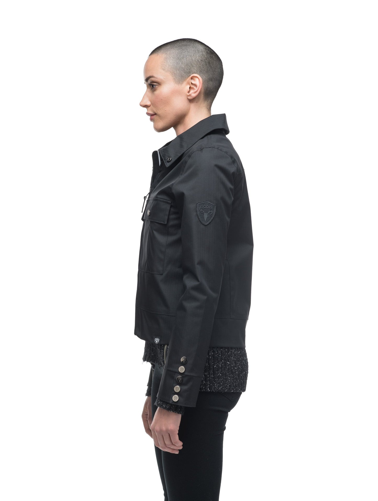 Women's cropped military inspired jacket with shirt collar detail in Black, Dusty Rose, or Camel