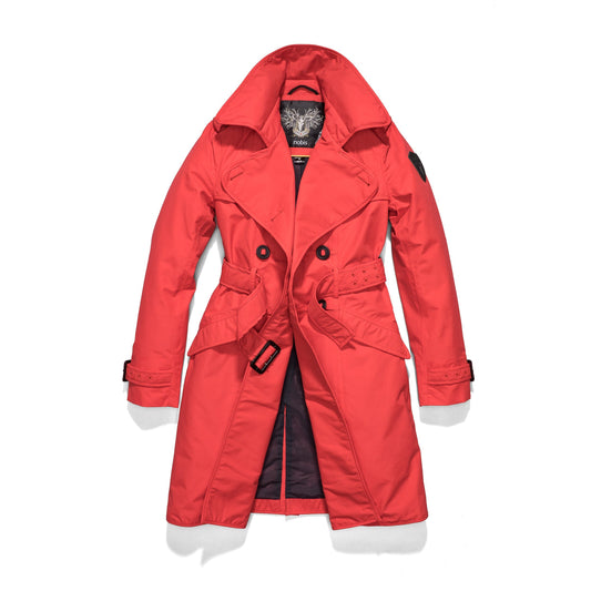 Women's classic trench coat that falls just above the knee in Red