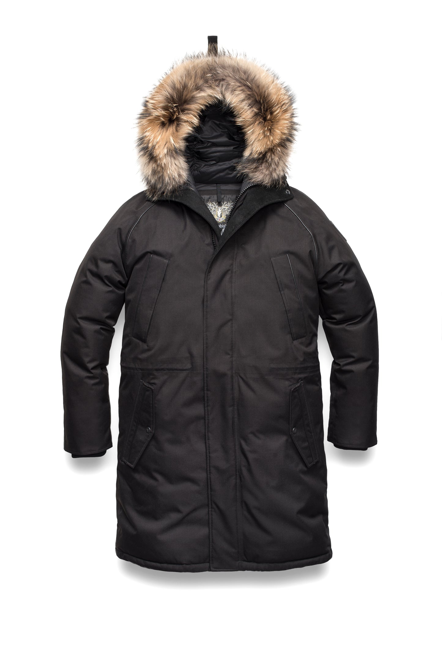 Men's knee length down-filled parka with four exterior pockets and a non-removable hood with detachable fur trim in Black