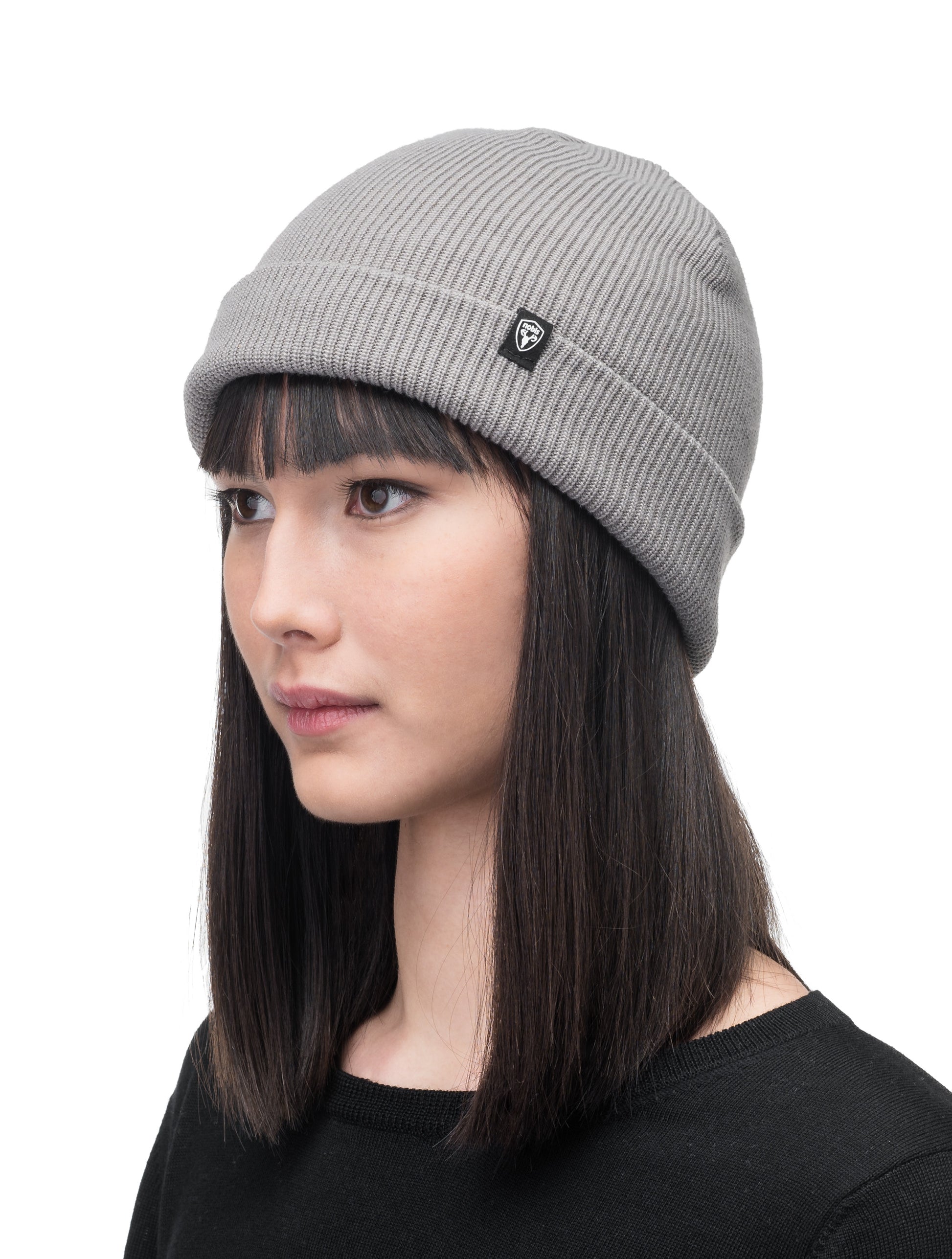 Julian Knit Toque in fine ribbed jersey, with nobis label on cuff, in Grey