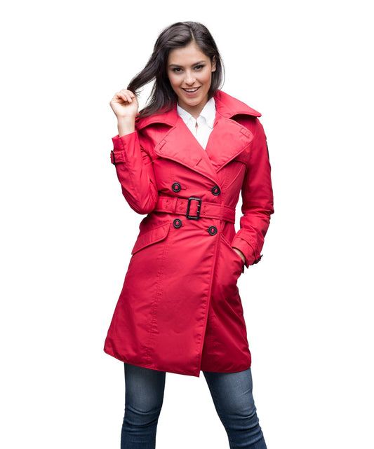 Women's classic trench coat that falls just above the knee in Red