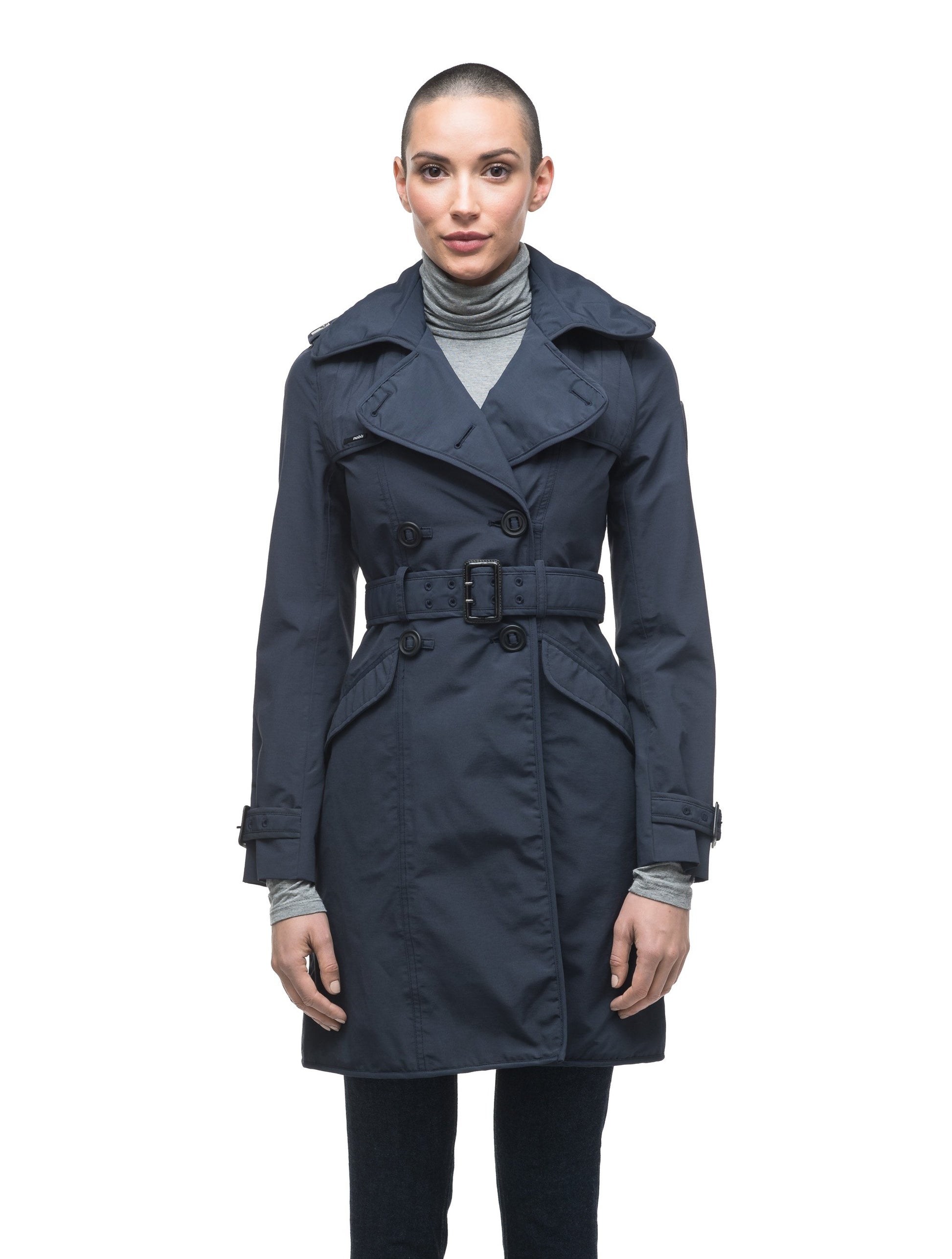 Women's classic trench coat that falls just above the knee in Navy