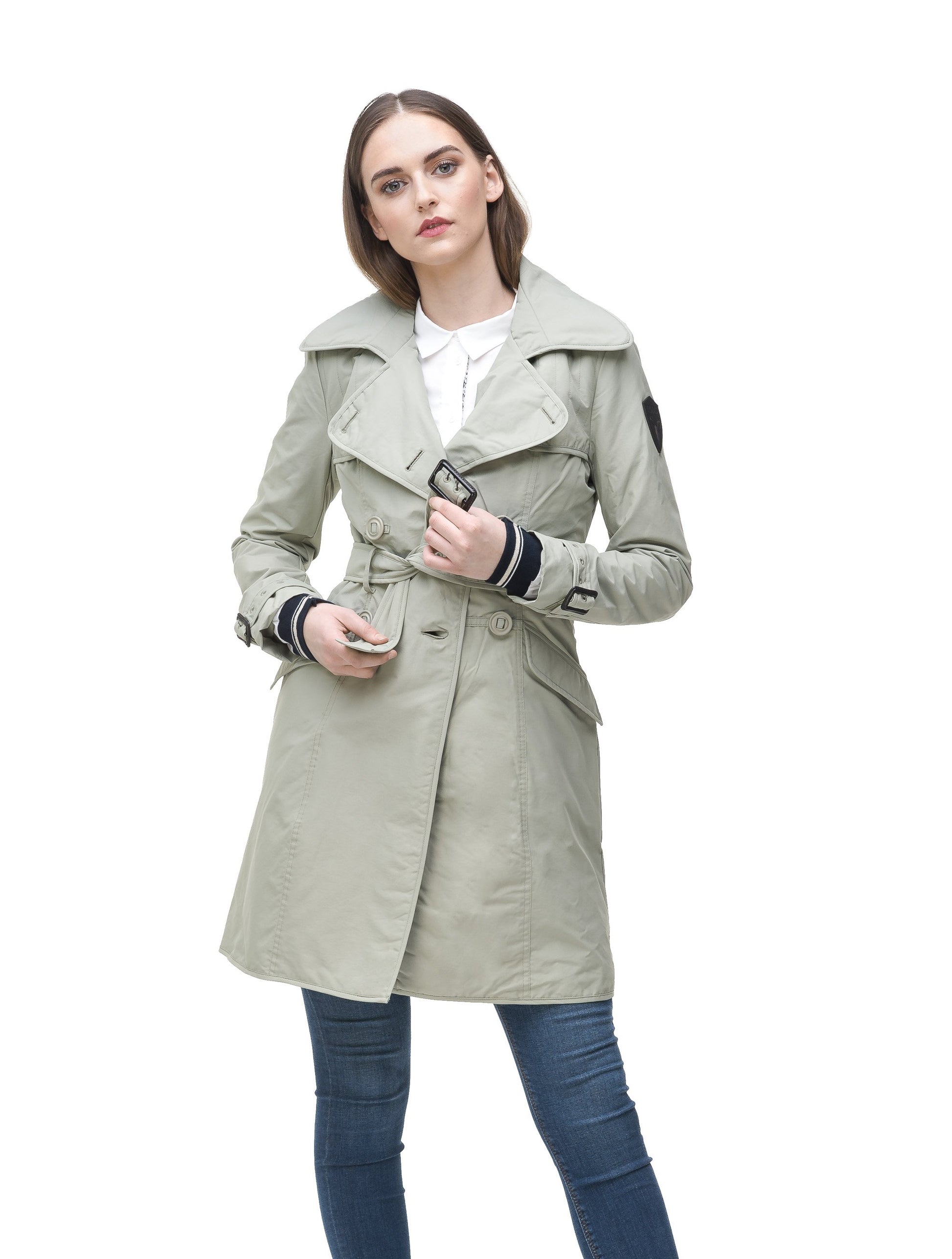 Women's classic trench coat that falls just above the knee in Light Grey