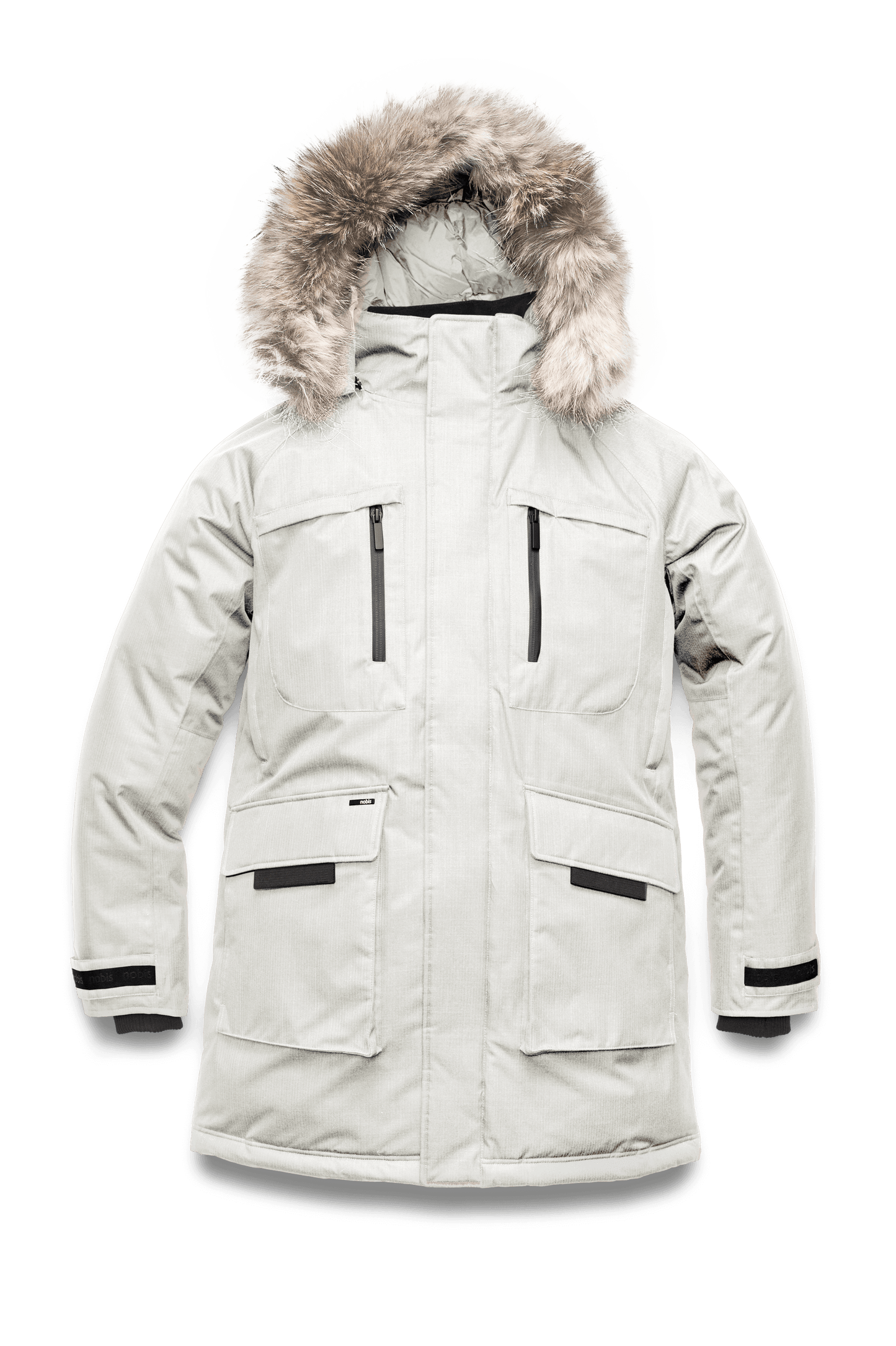Men's thigh length down-filled parka with removable hood and removable coyote fur trim in Chalk