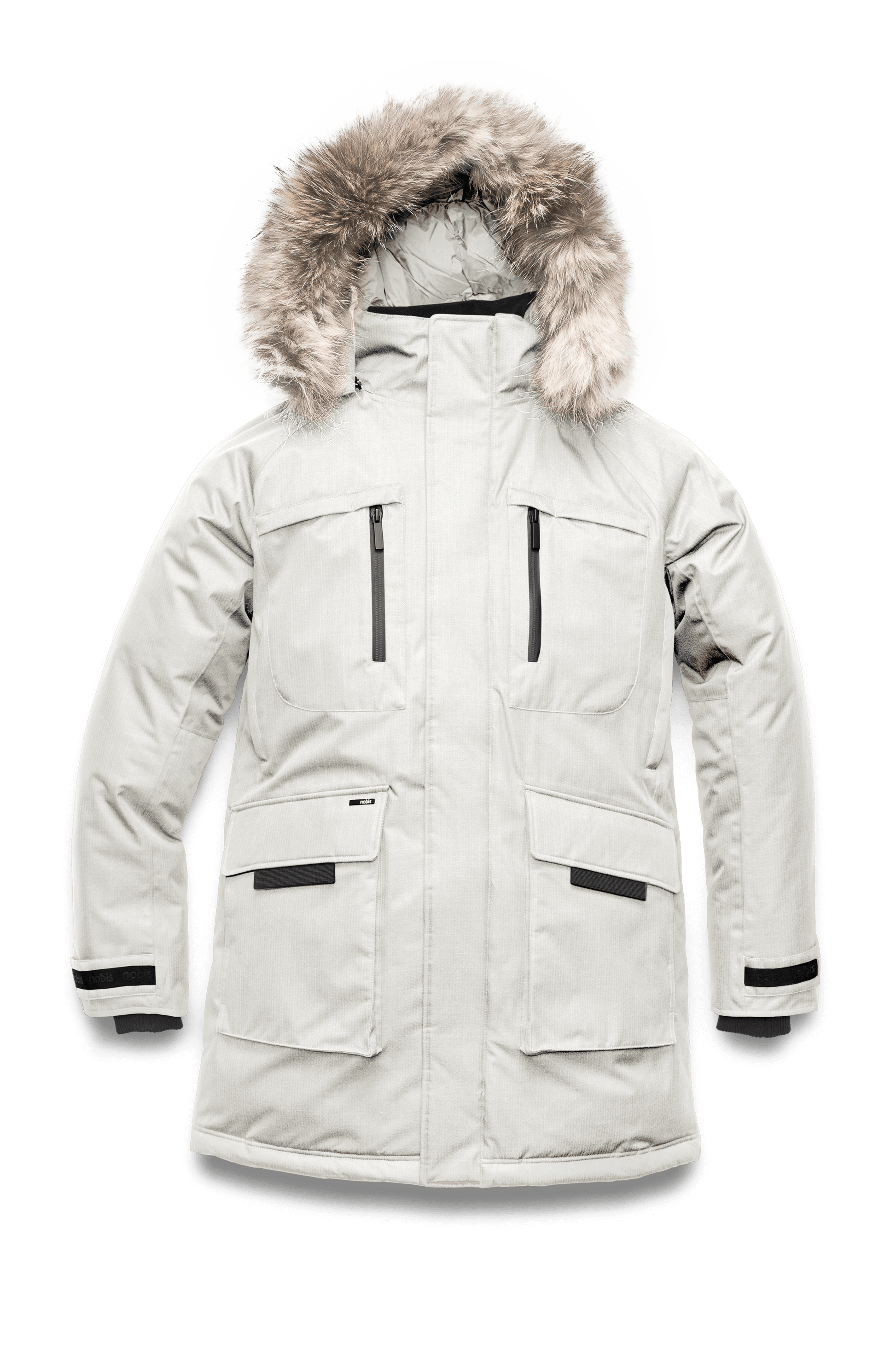 Men's thigh length down-filled parka with removable hood and removable coyote fur trim in Chalk