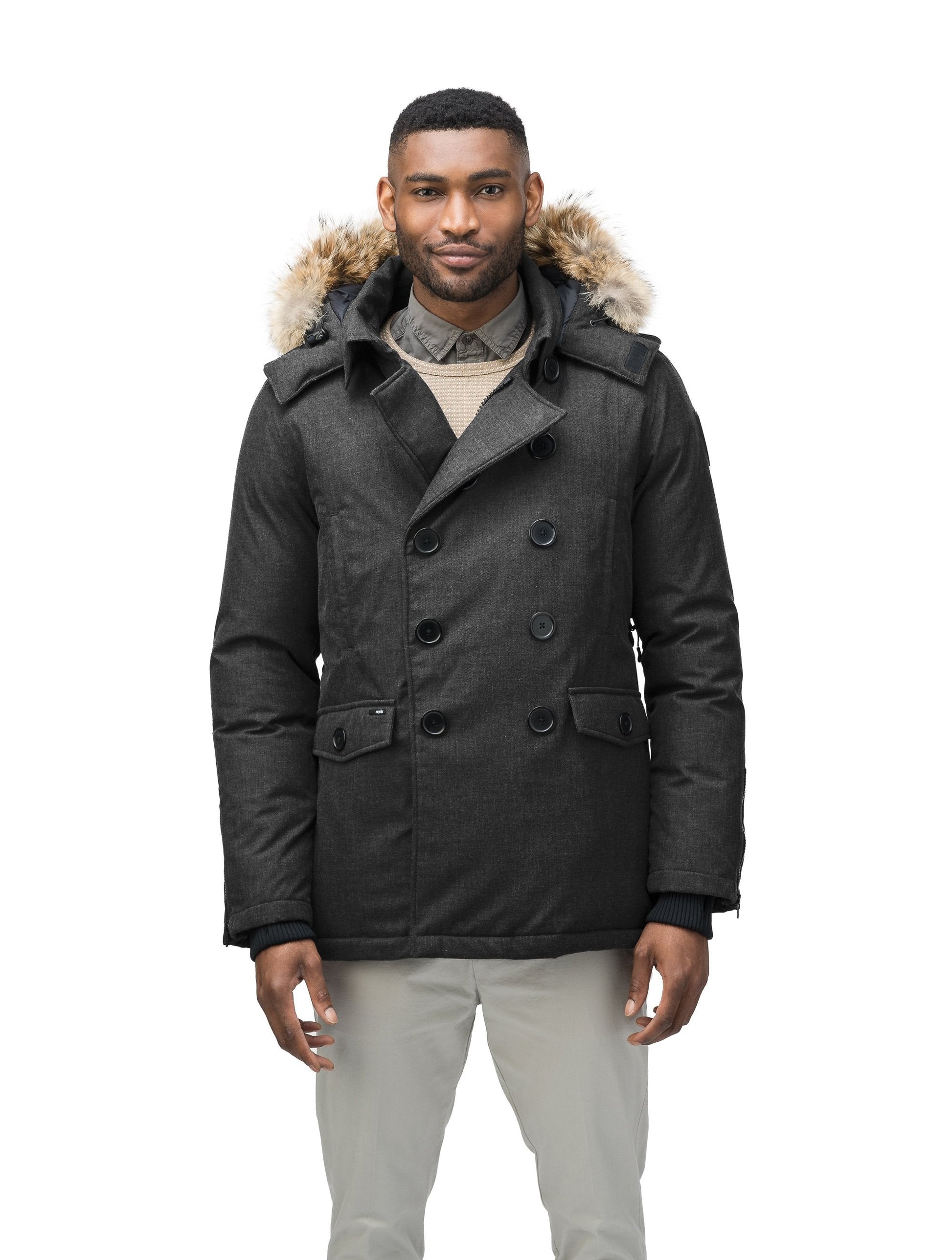 Men's double breasted down filled parka in H. Black