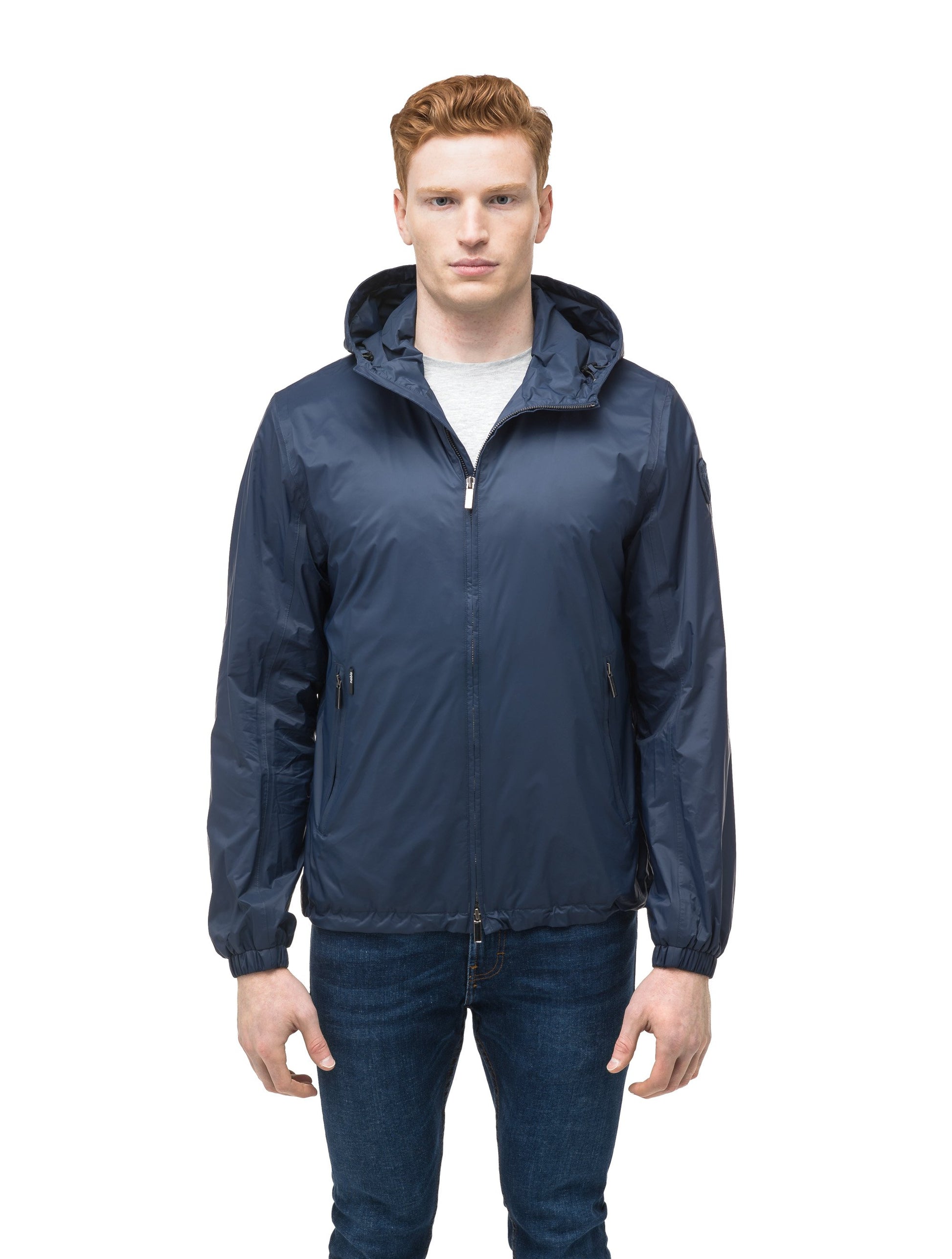 Men's waist length zip up hooded windproof jacket in Marine