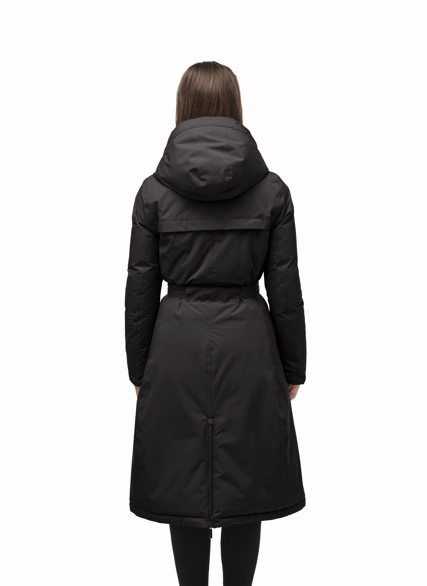 Long calf length hooded women's winter parka with an inner hip length closure, exterior hem length zipper and magentic placket in Black