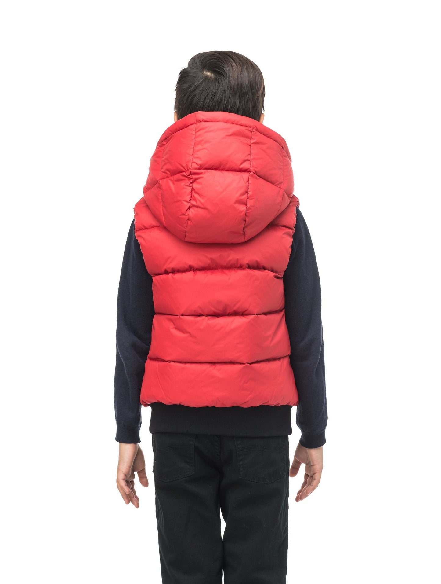 Sleeveless down filled kids vest with a hood and contrast zipper details in Vermillion