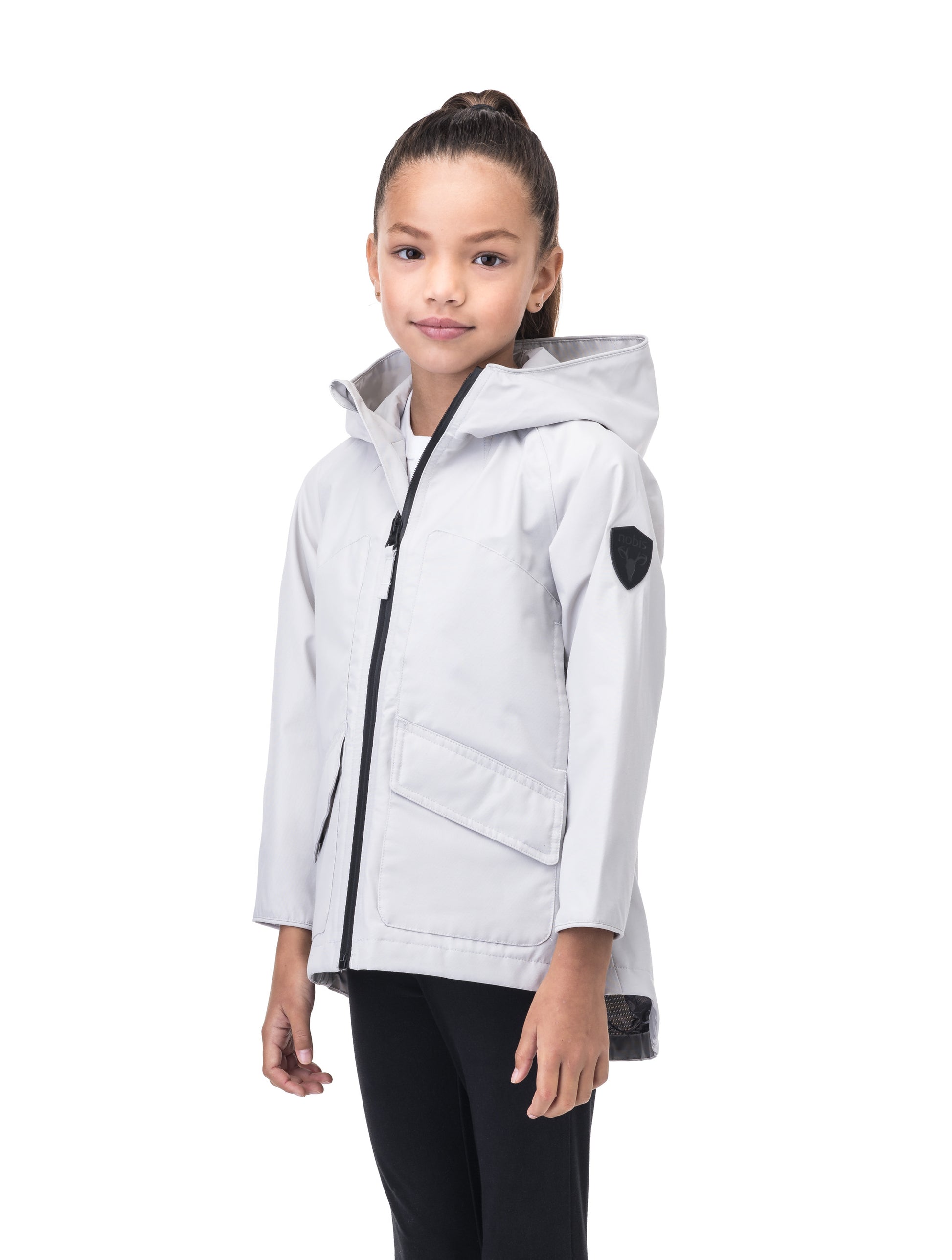 Kid's hip length fishtail rain jacket with hood in Light Grey