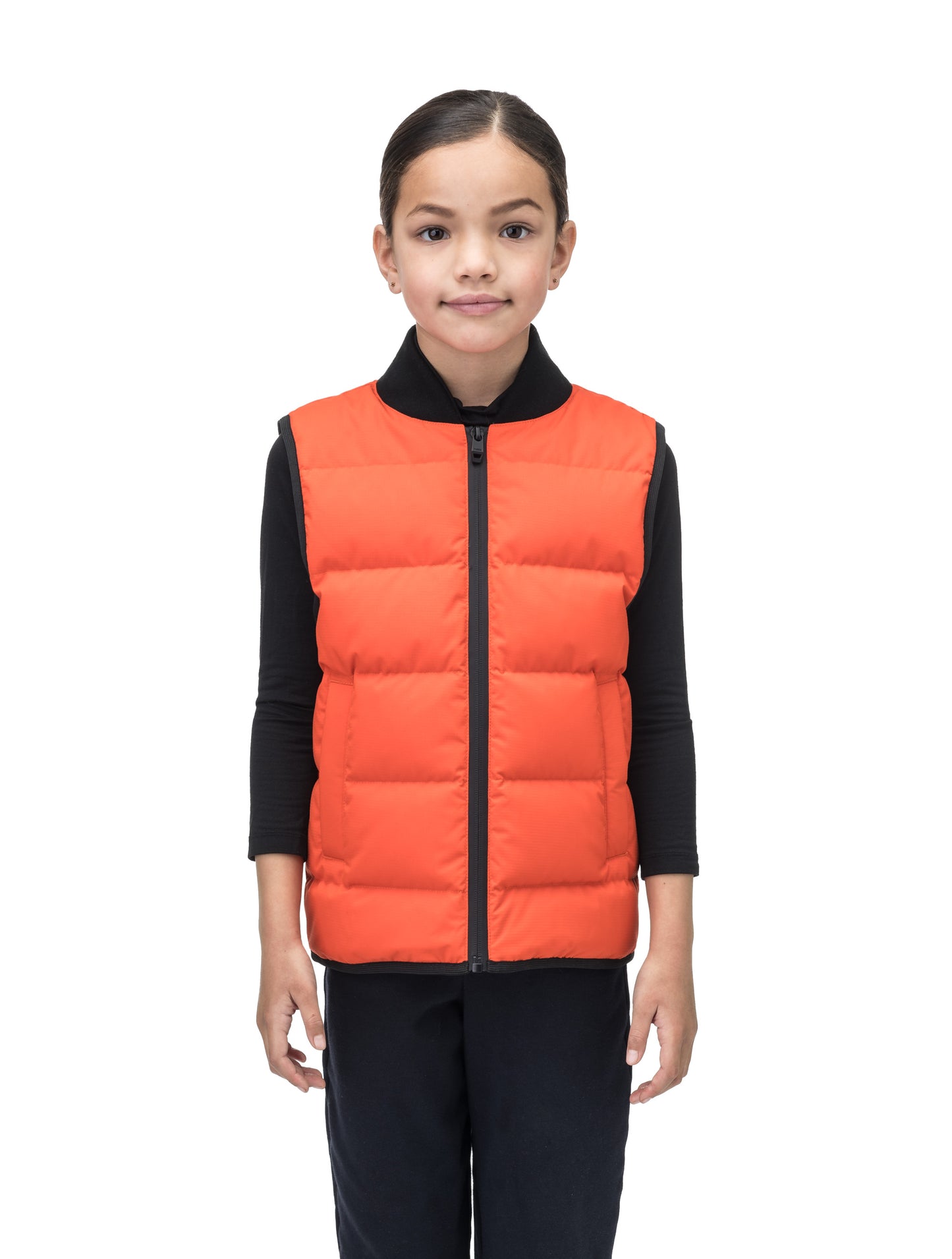 Little Pluto Kids Mid Layer Vest in hip length, Canadian duck down insulation, ribbed collar, two-way front zipper, and quilted body, in Terracotta