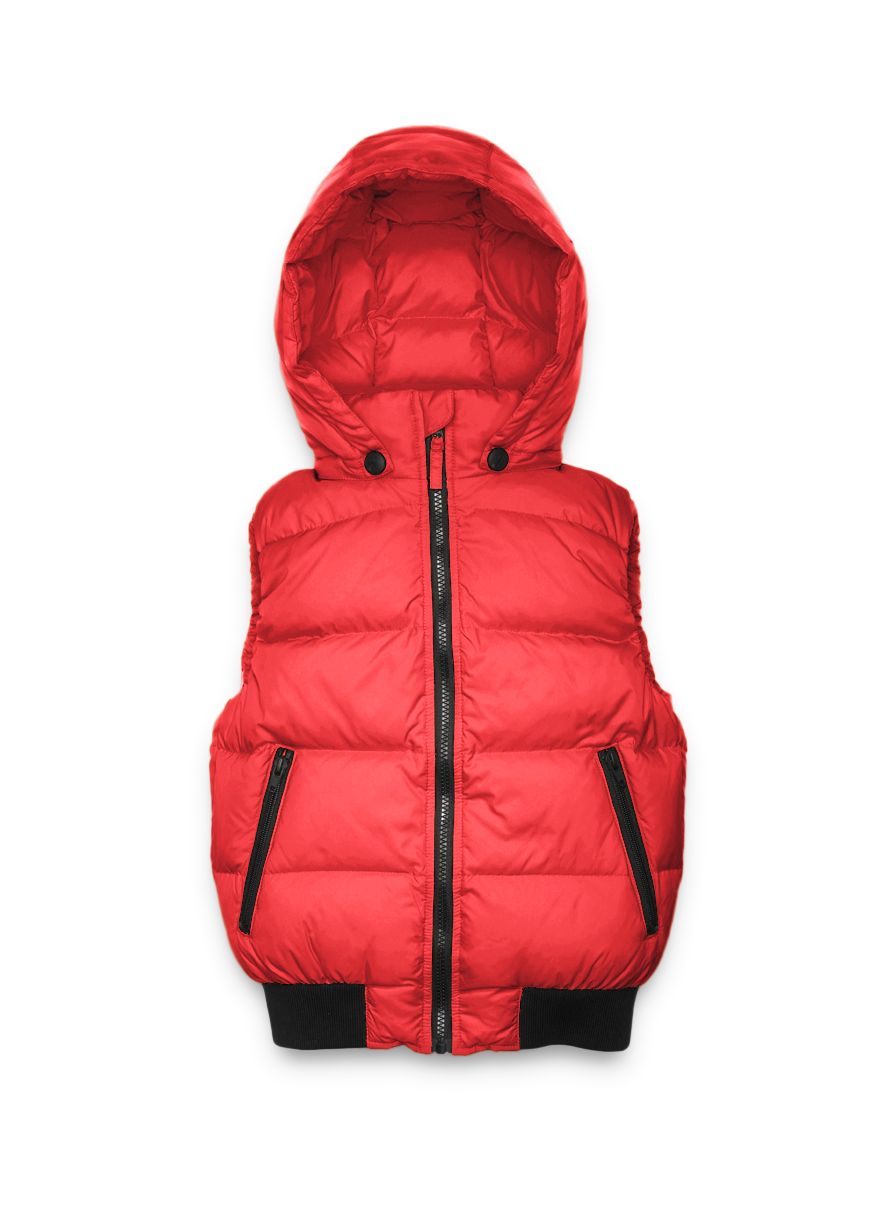 Sleeveless down filled kids vest with a hood and contrast zipper details in Vermillion
