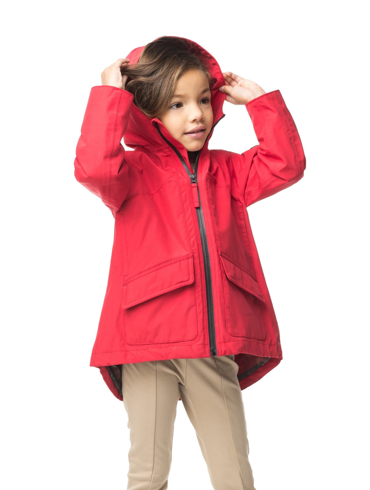 Kid's hip length fishtail rain jacket with hood in Red