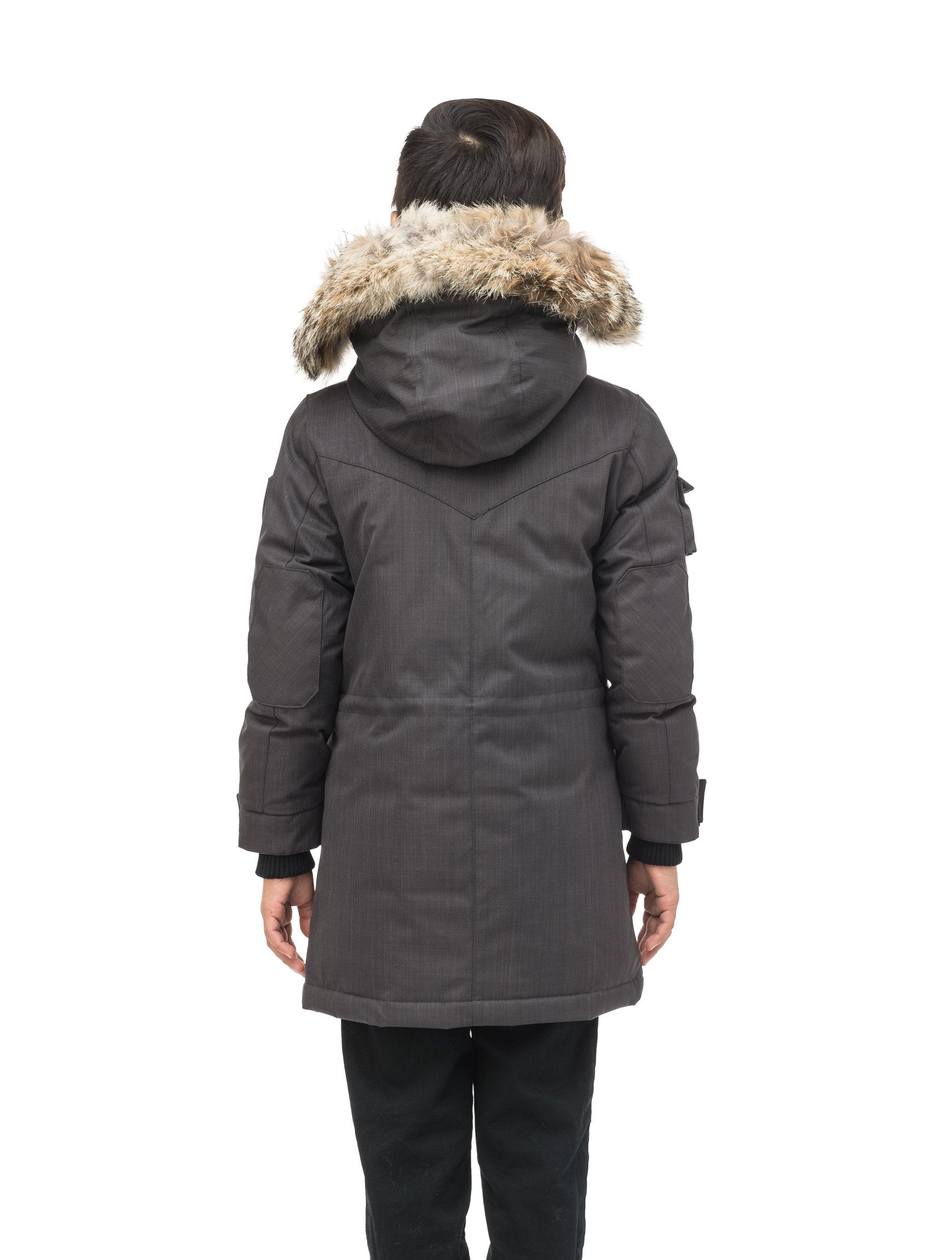 Kid's knee length parka with magnetized closure in CH Steel Grey