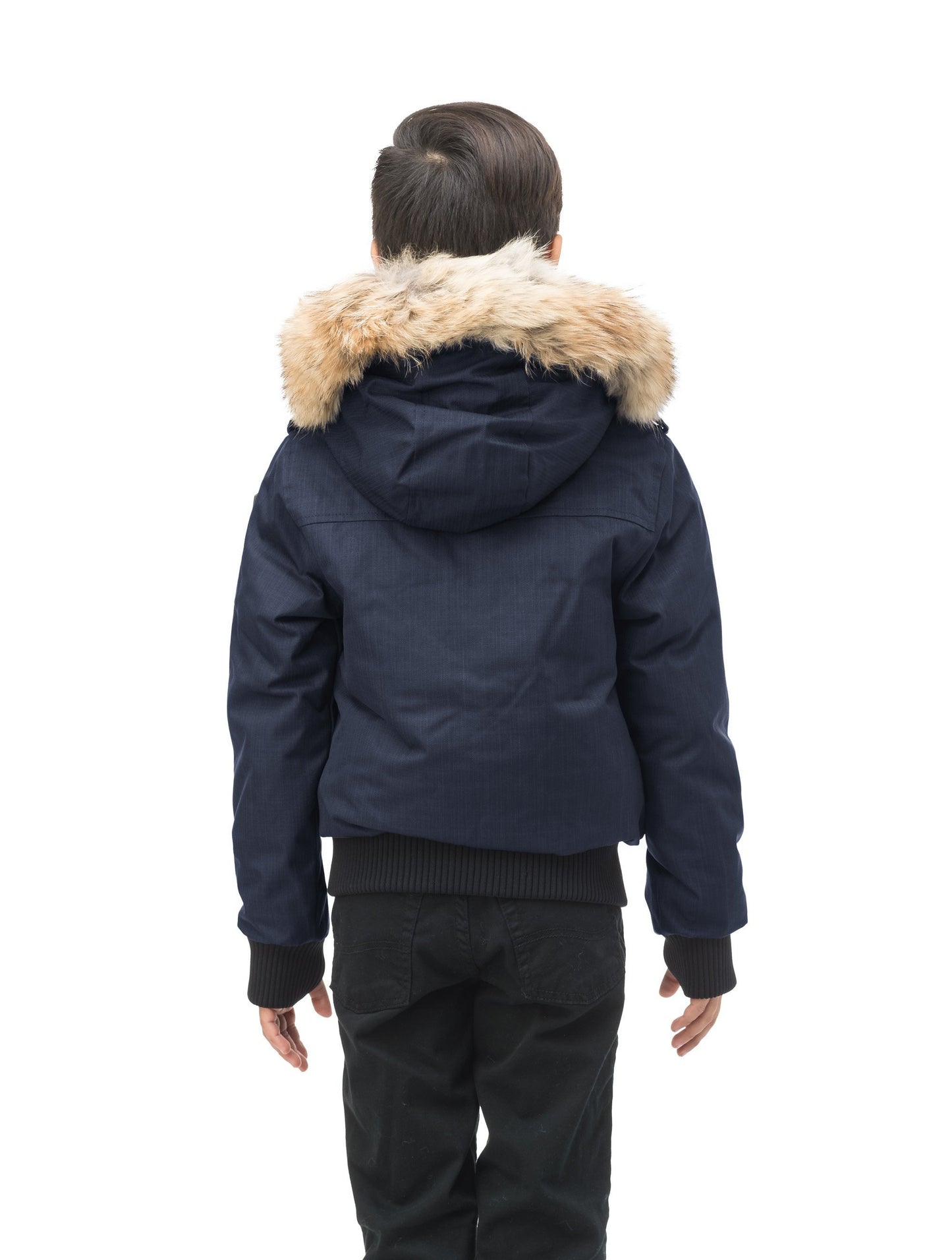 Kid's waist length down bomber jacket with fur trim hood in CH Navy