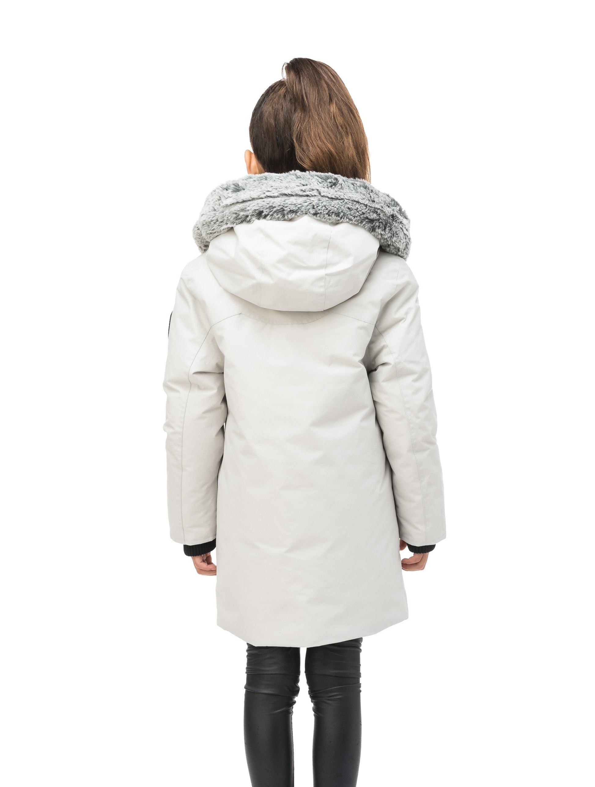 Kid's knee length down filled parka with deer applique detailing on the front patch pockets in Light Grey
