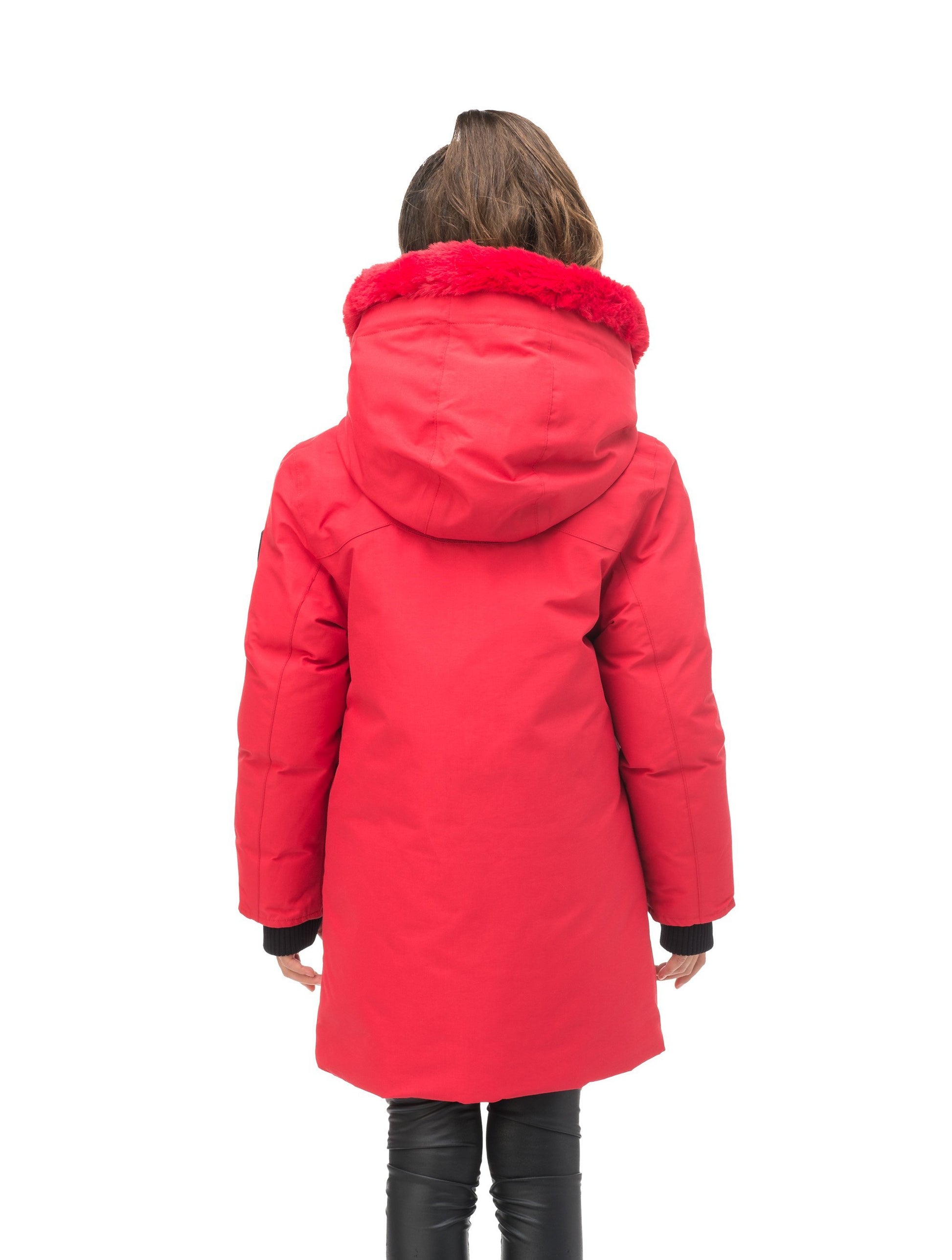 Kid's knee length down filled parka with deer applique detailing on the front patch pockets in Cy Red