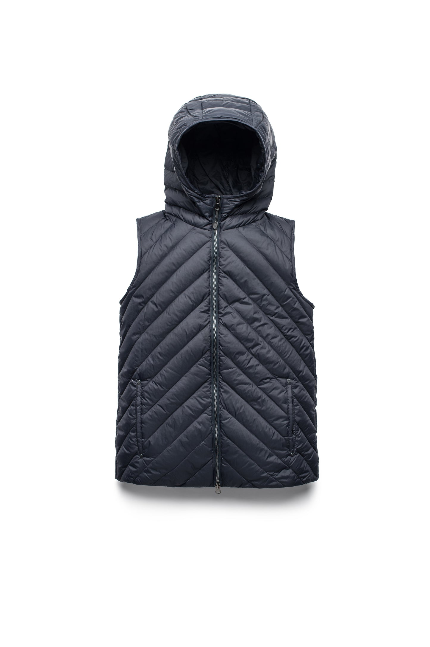 Women's down filled vest with diagonal quilting pattern throughout in Navy