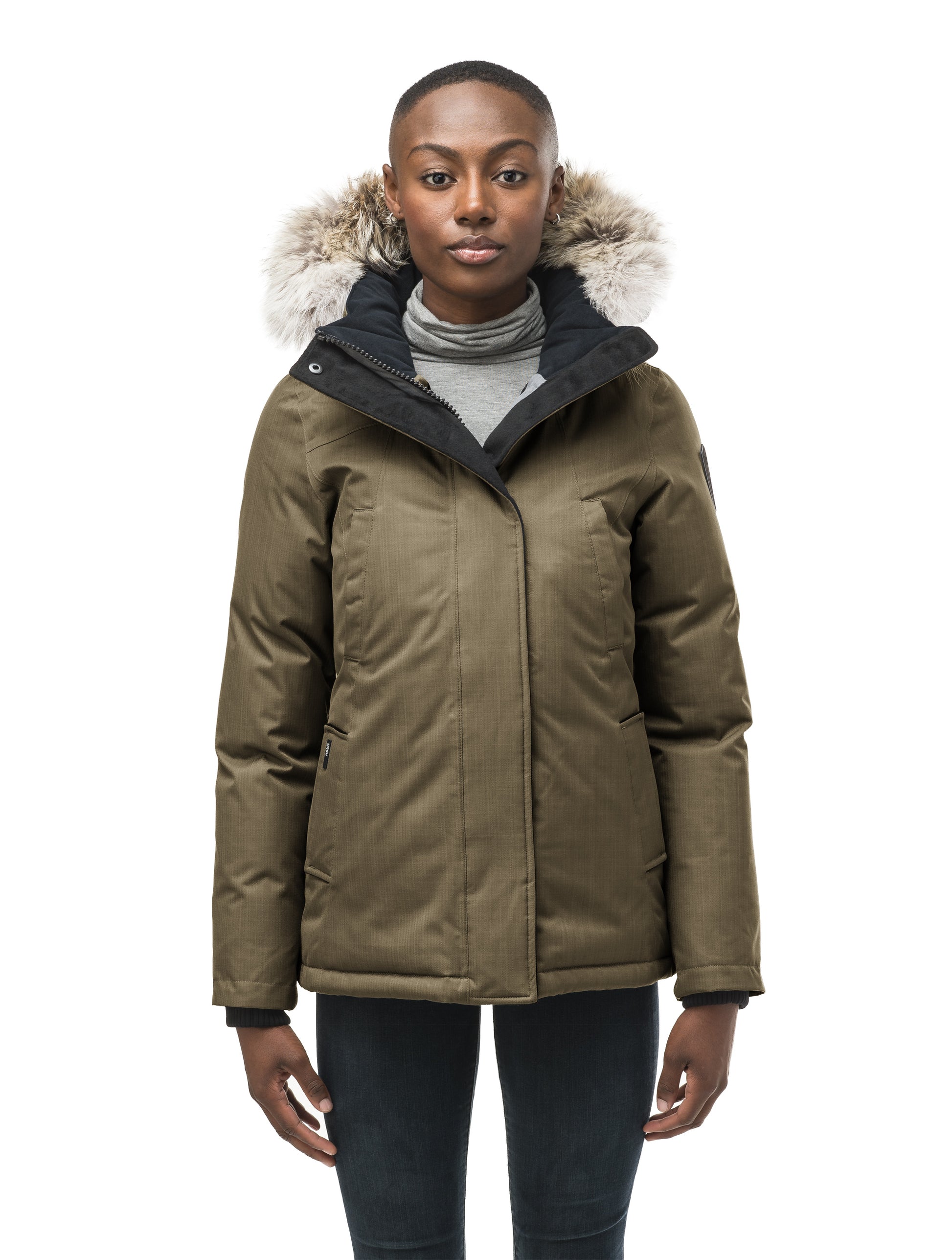 Women's hip length down filled parka in CH Fatigue