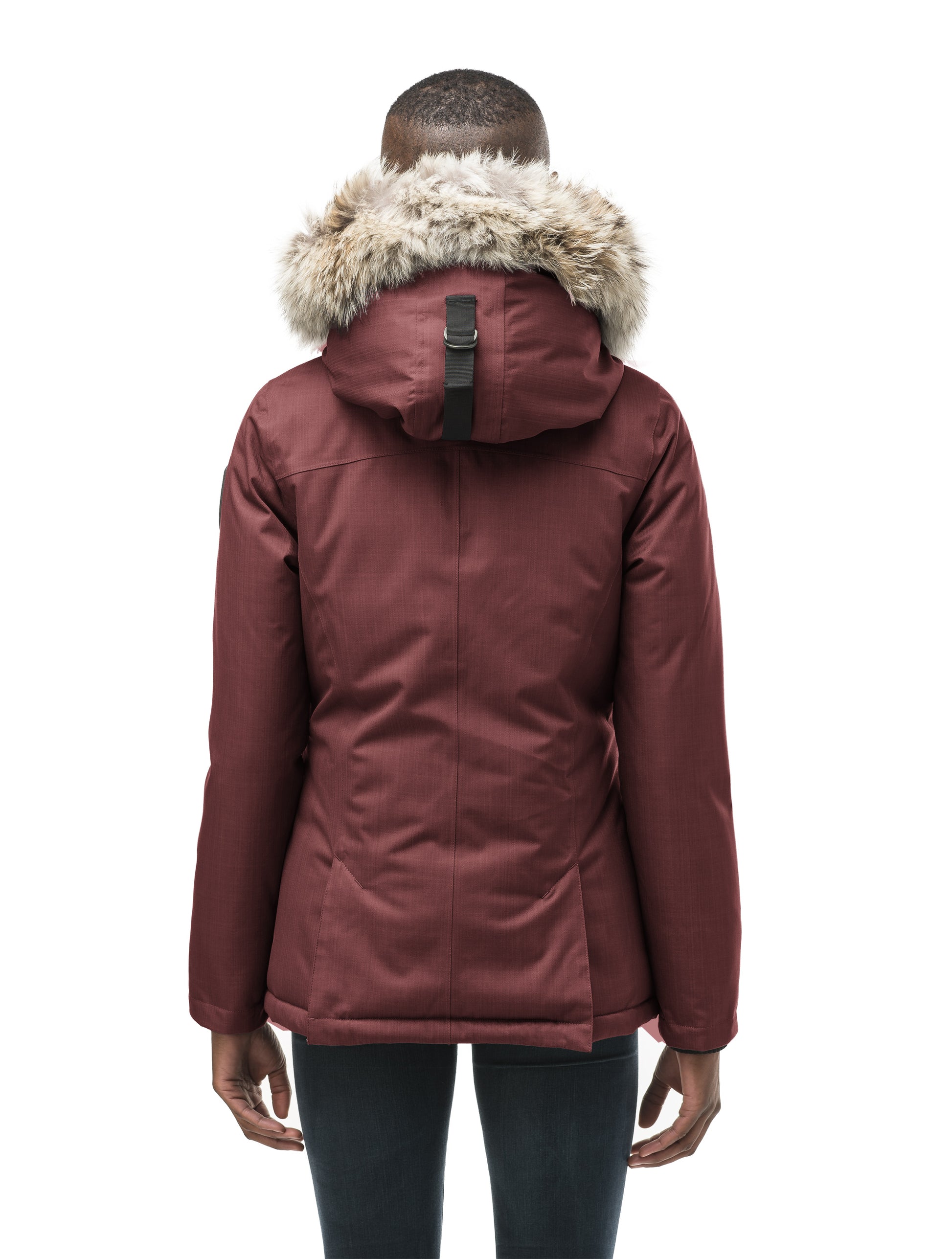 Women's hip length down filled parka in CH Red Rum