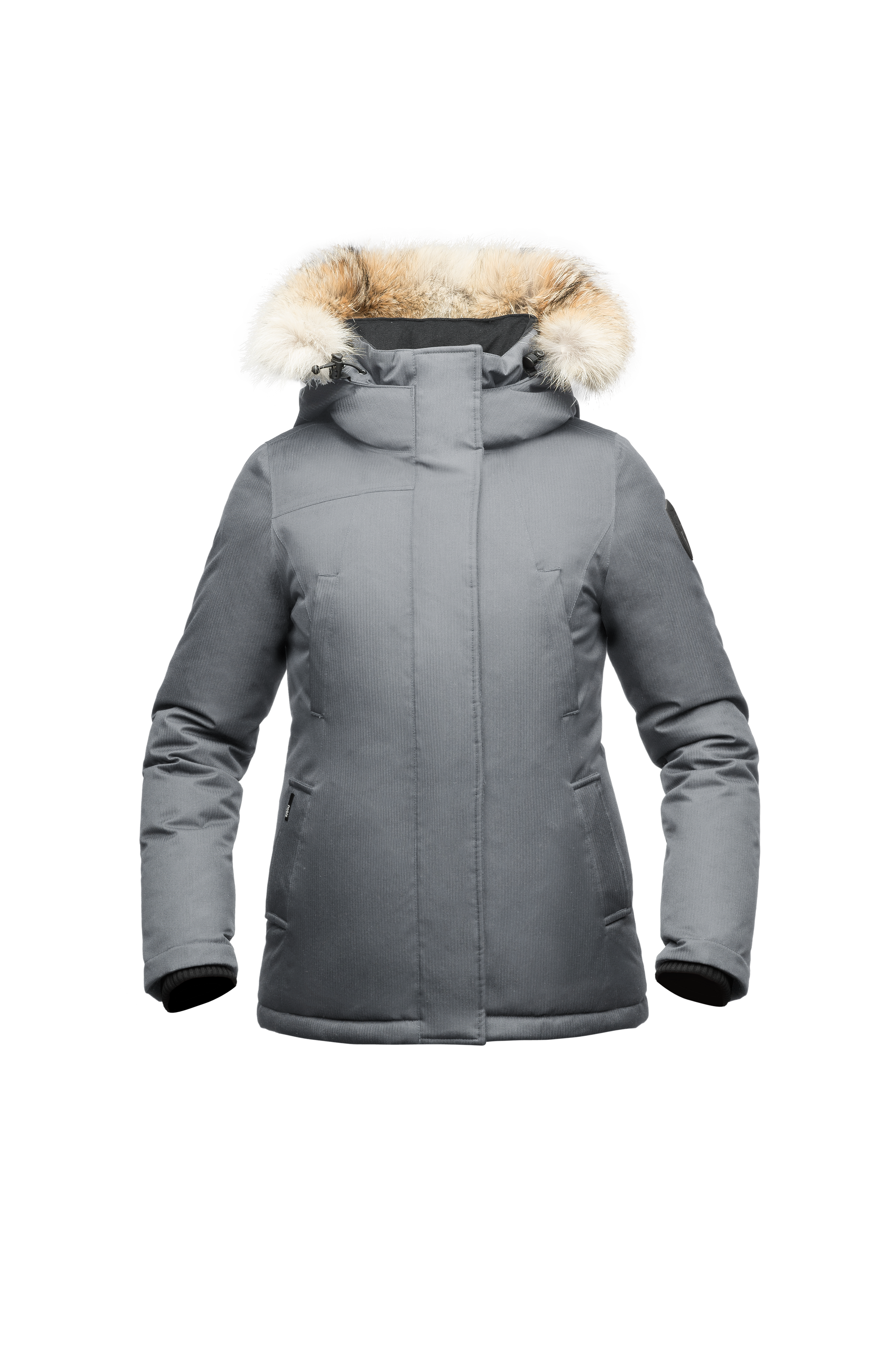 Women's hip length down filled parka in CH Concrete