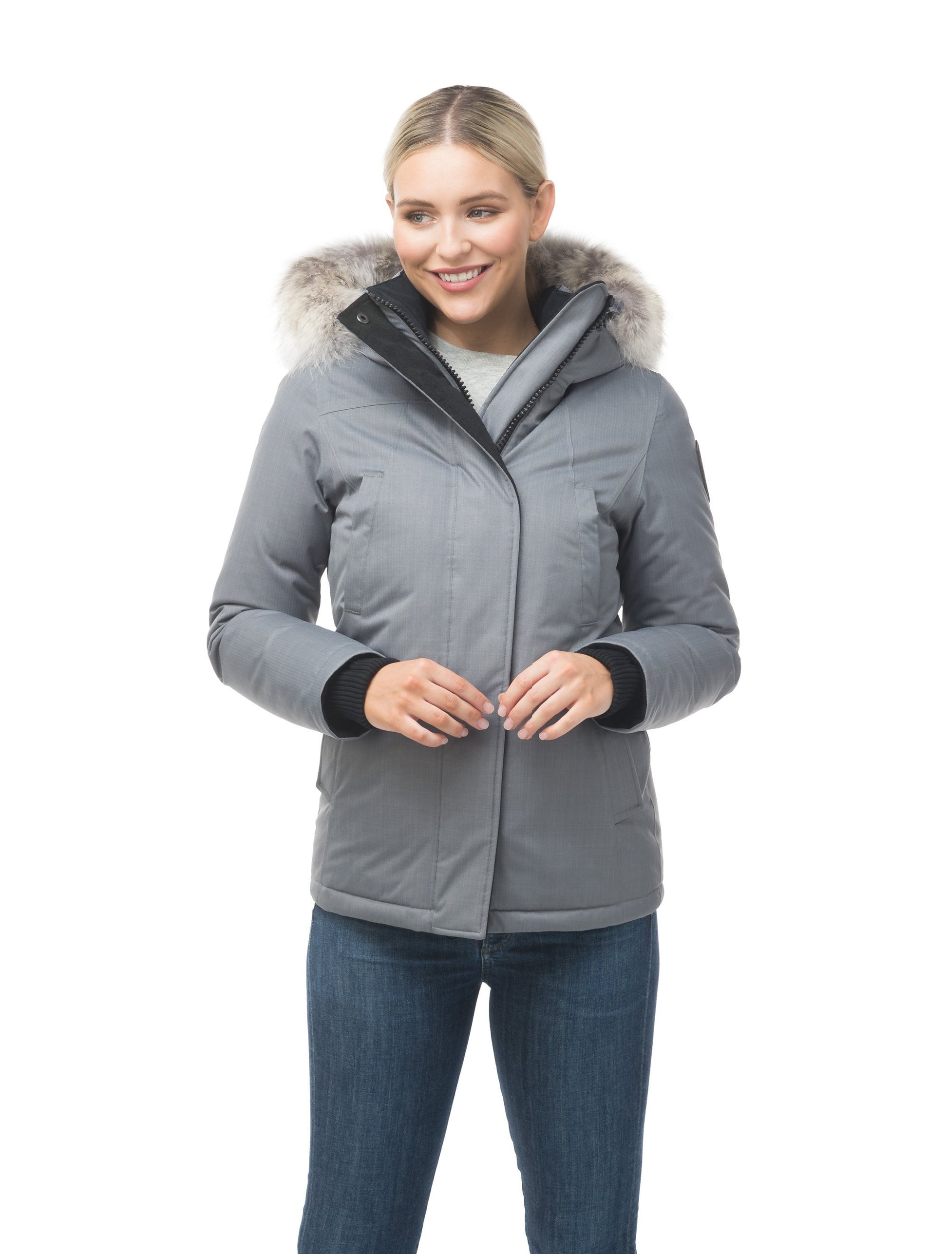 Women's hip length down filled parka in CH Concrete