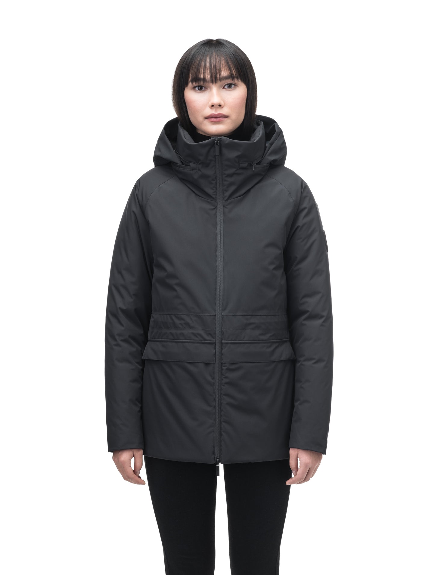 Litho Ladies Short Parka in hip length, Canadian duck down insulation, tuckable waterproof hood, and two-way zipper, in Black