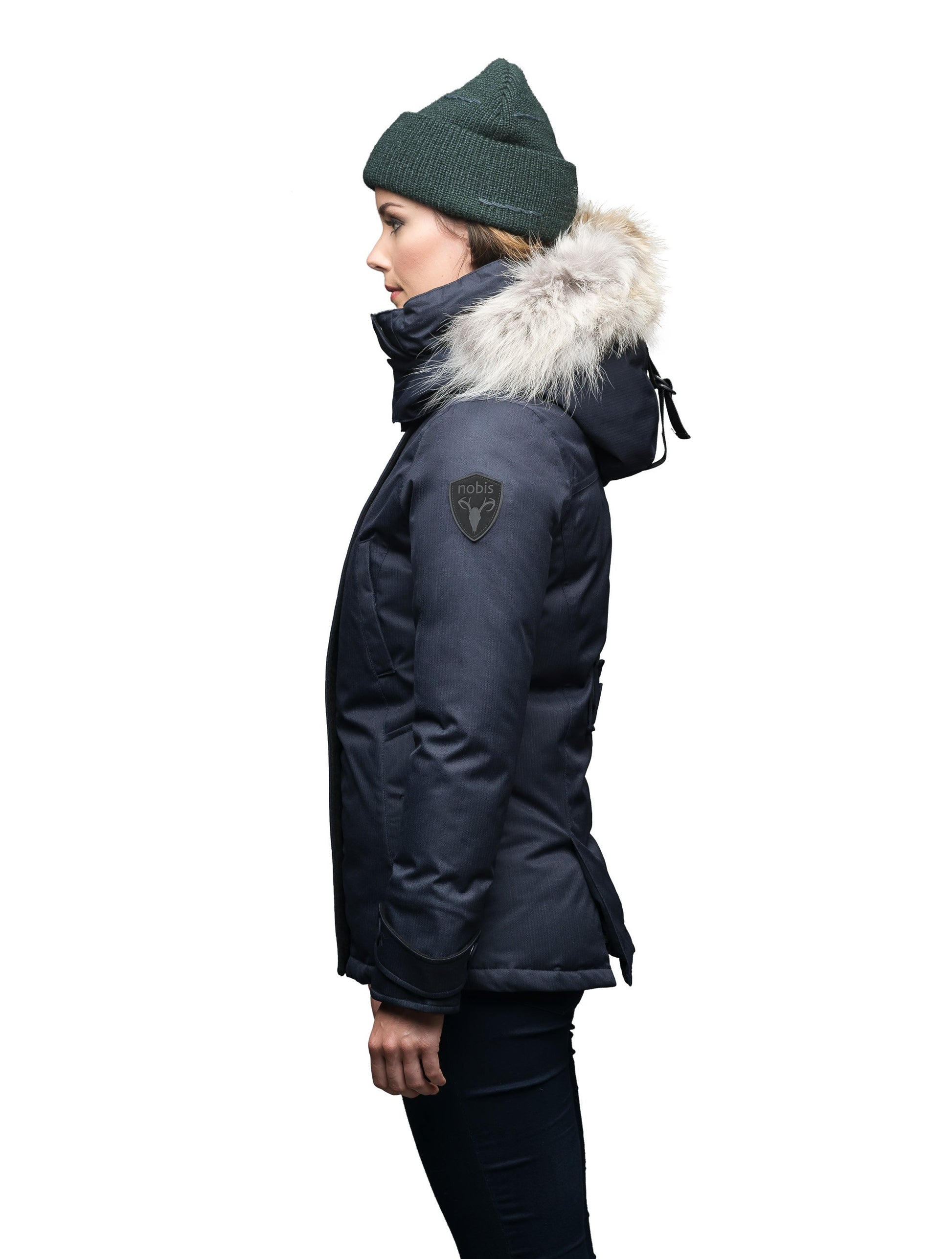 Women's down filled waist length parka with removable fur trim and removable hood in CH Navy