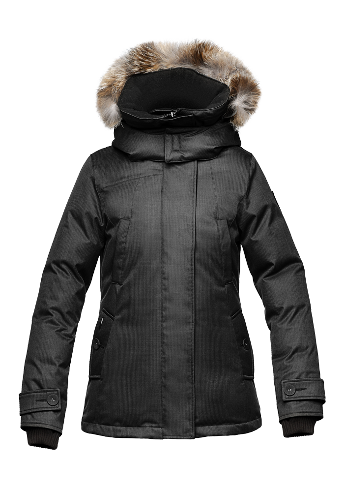 Women's down filled waist length parka with removable fur trim and removable hood in CH Black