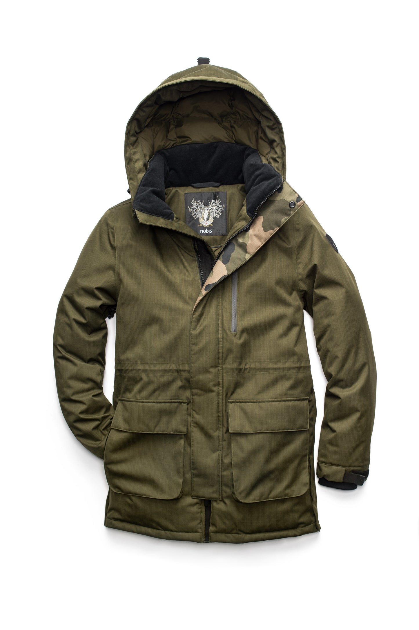 Mid weight men's down filled parka with two patch pockets at the hip and snap closure side vents in Fatigue