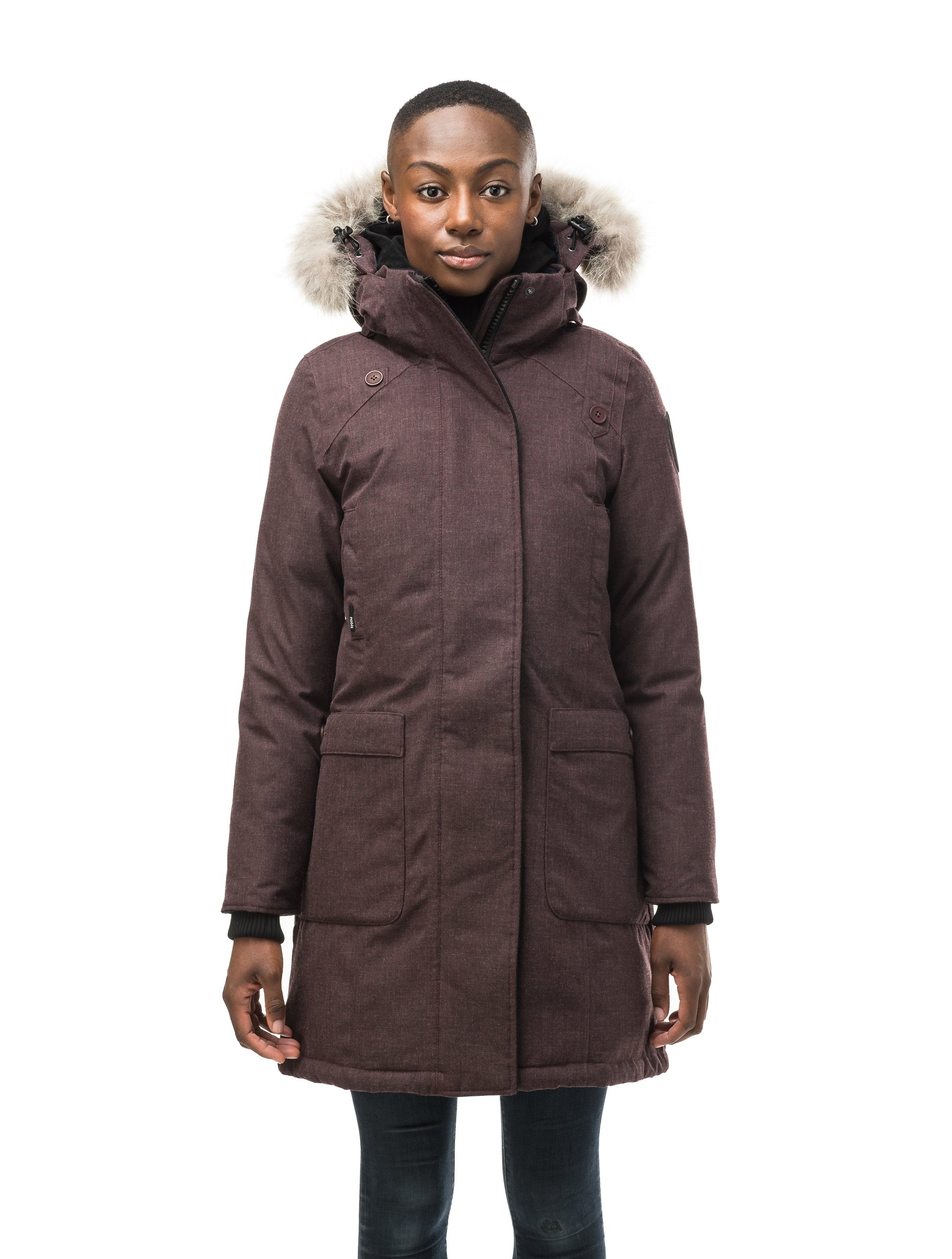 Best selling women's down filled knee length parka with removable down filled hood in H. Burgundy