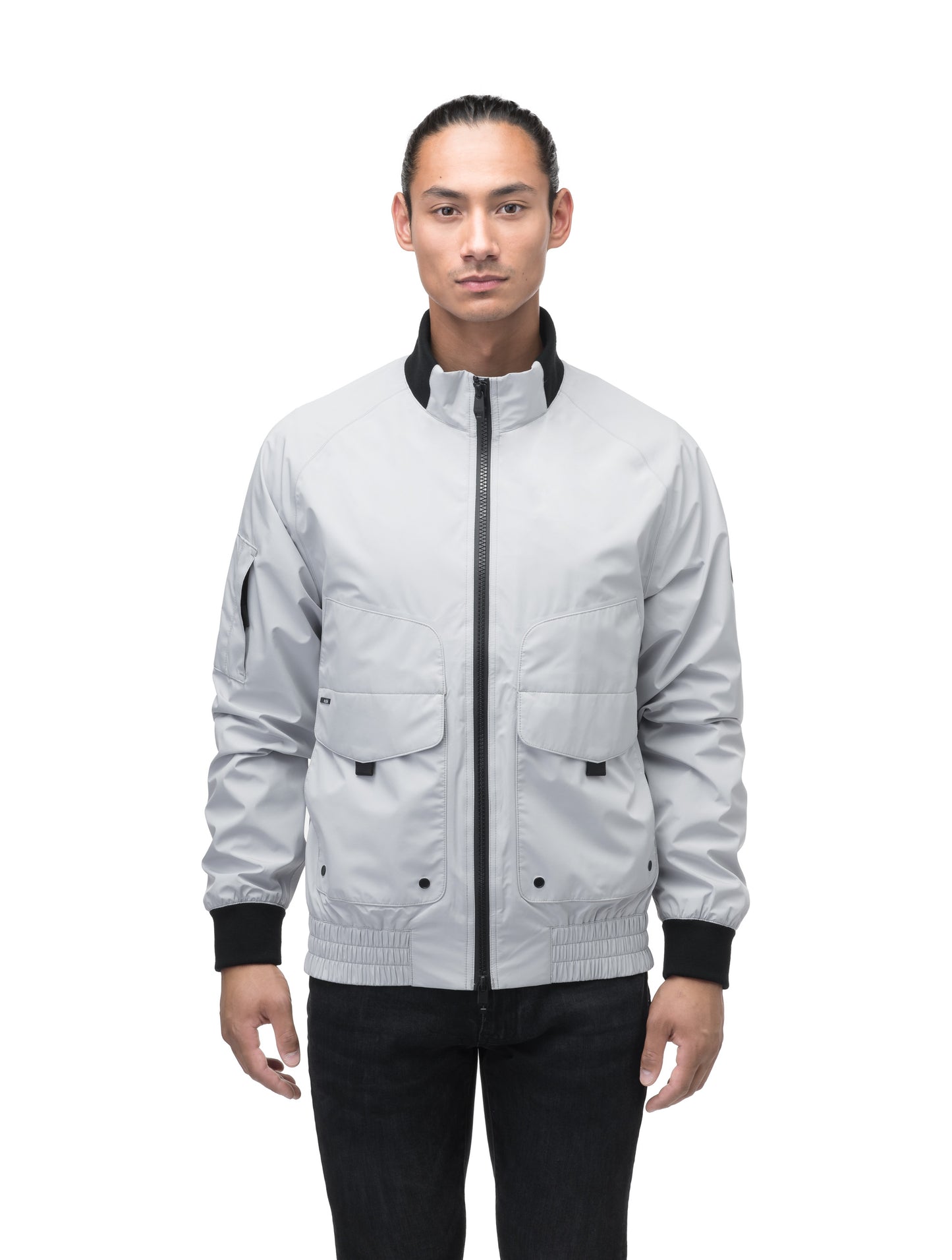 Men's hip length waterproof bomber jacket with 2-way zipper in Light Grey