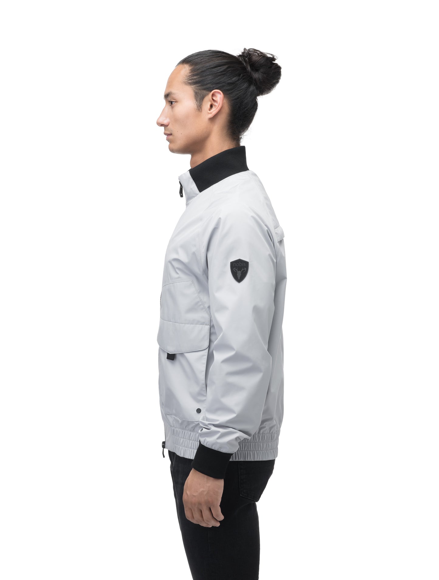 Men's hip length waterproof bomber jacket with 2-way zipper in Light Grey