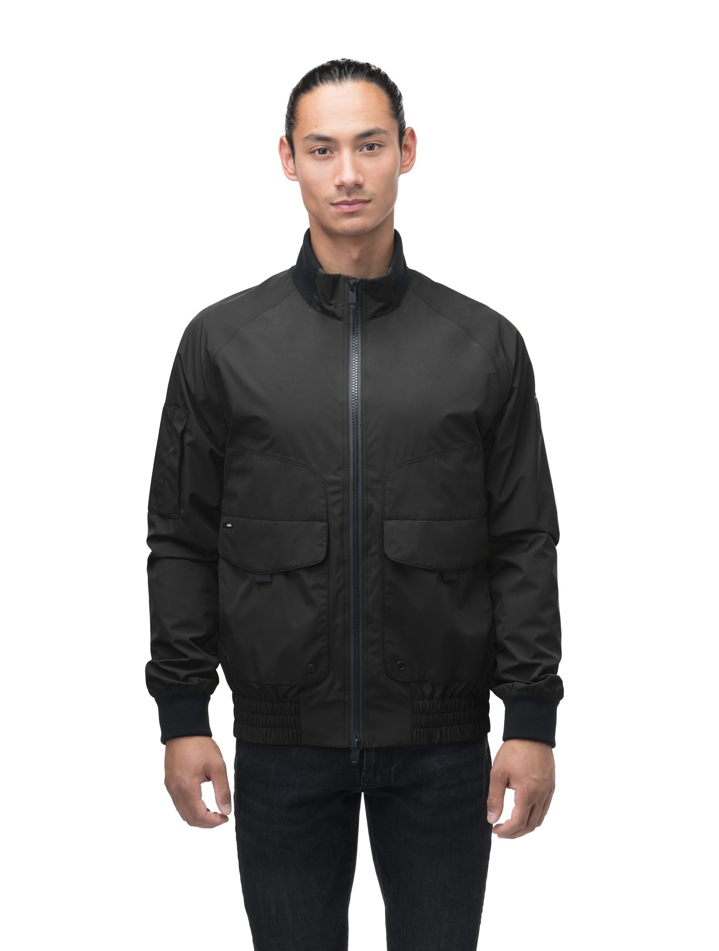 Men's hip length waterproof bomber jacket with 2-way zipper in Black