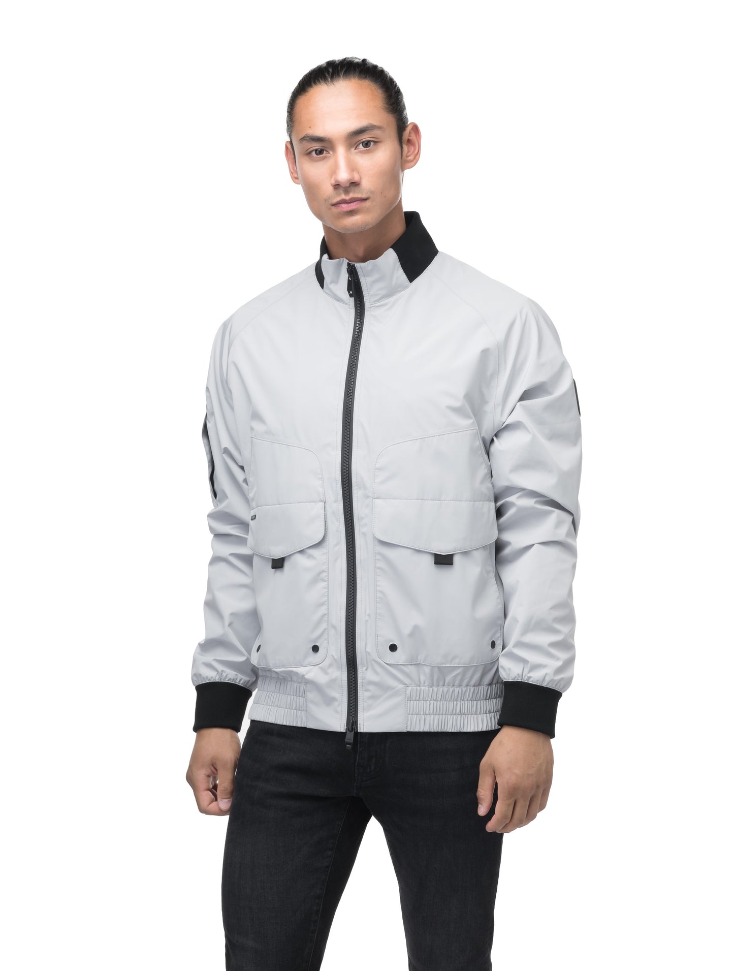 Men's hip length waterproof bomber jacket with 2-way zipper in Light Grey