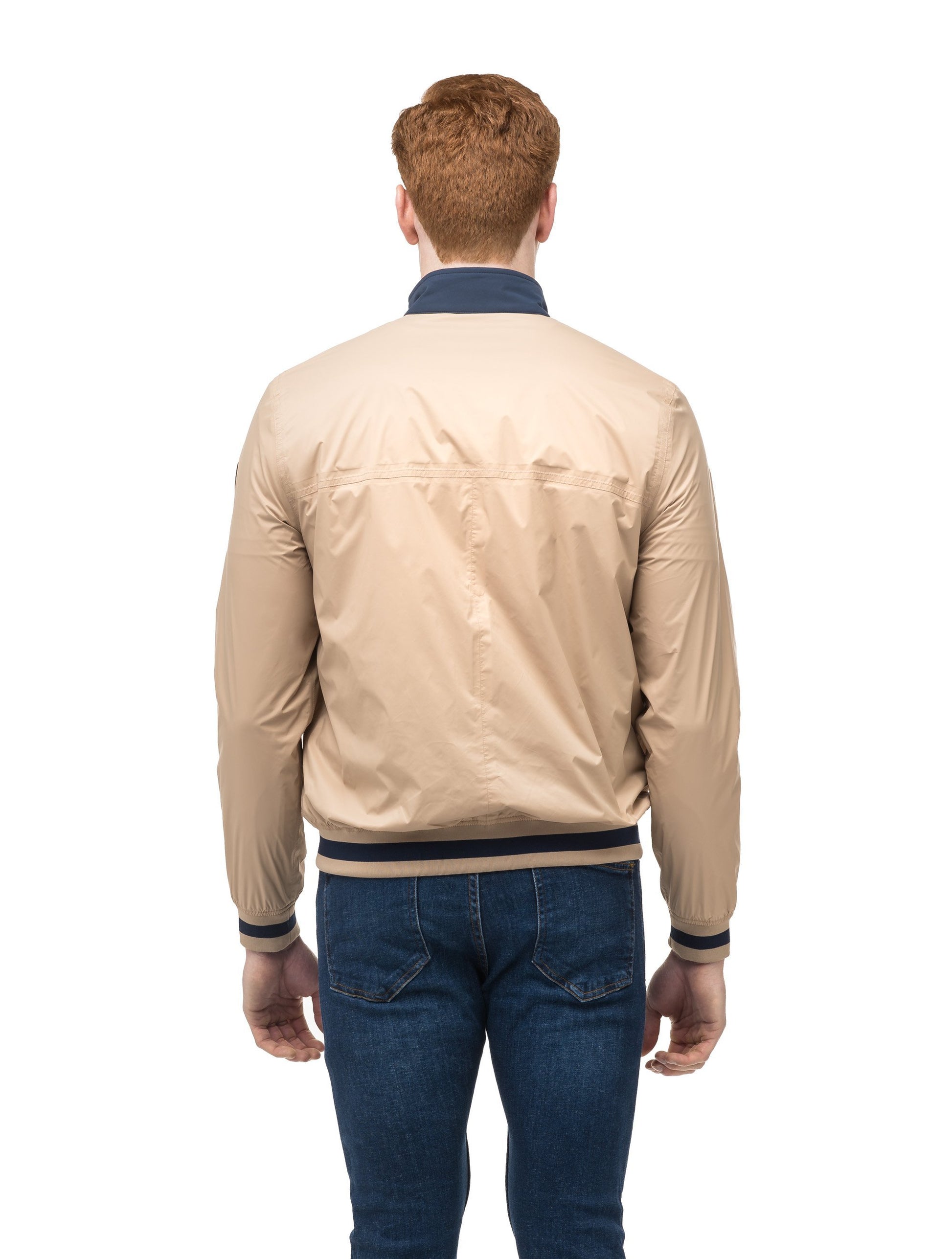 Men's lightweight taffeta bomber jacket with dark contrast trim in Fawn