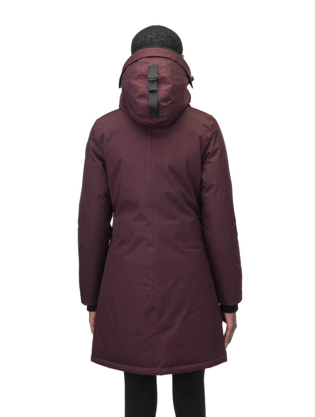 Merideth Furless Ladies Parka in thigh length, Canadian white duck down insulation, removable down-filled hood, centre-front two-way zipper with magnetic wind flap closure, four exterior pockets, and elastic ribbed cuffs, in Merlot