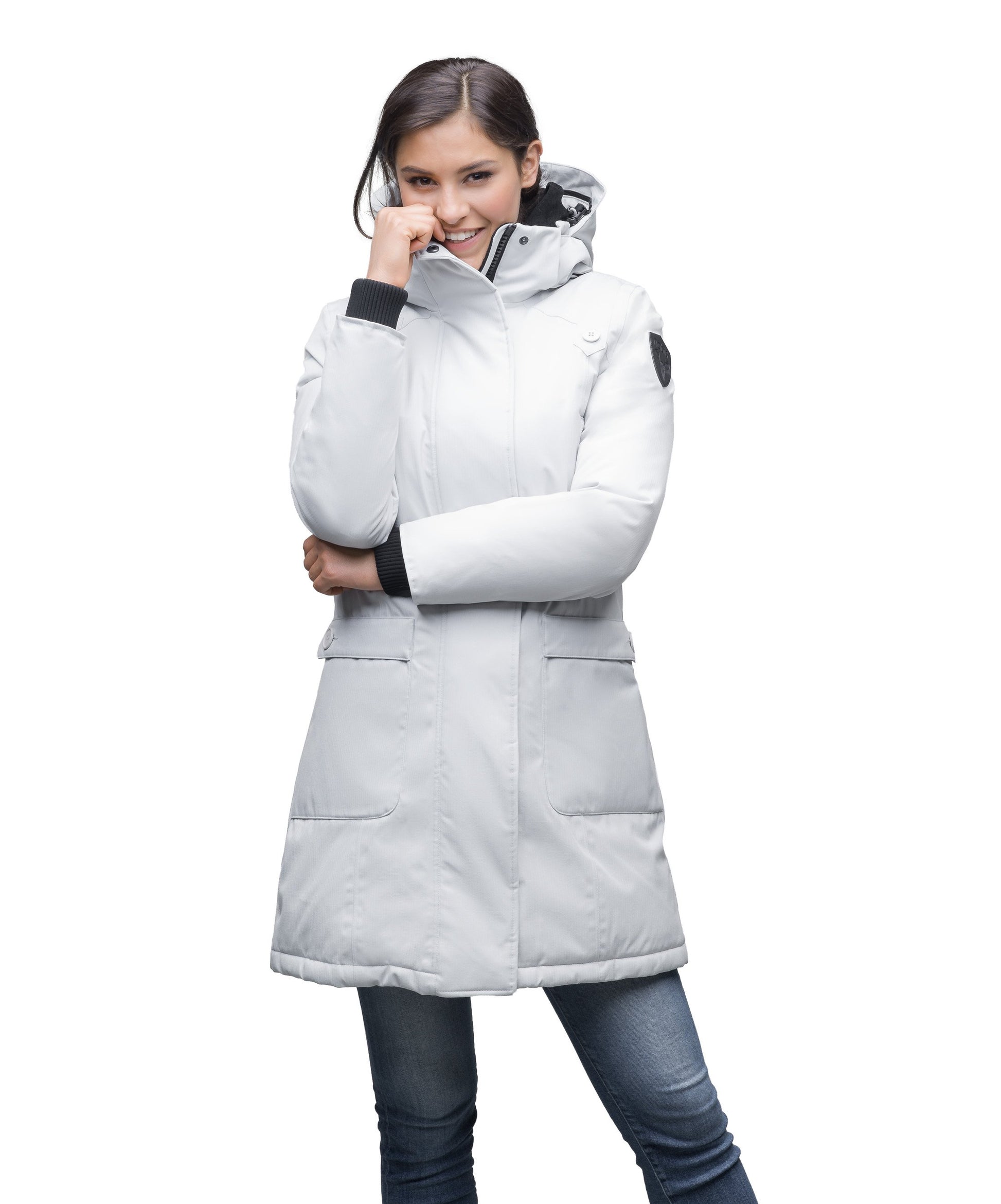 Best selling women's down filled knee length parka with removable down filled hood in CH Light Grey
