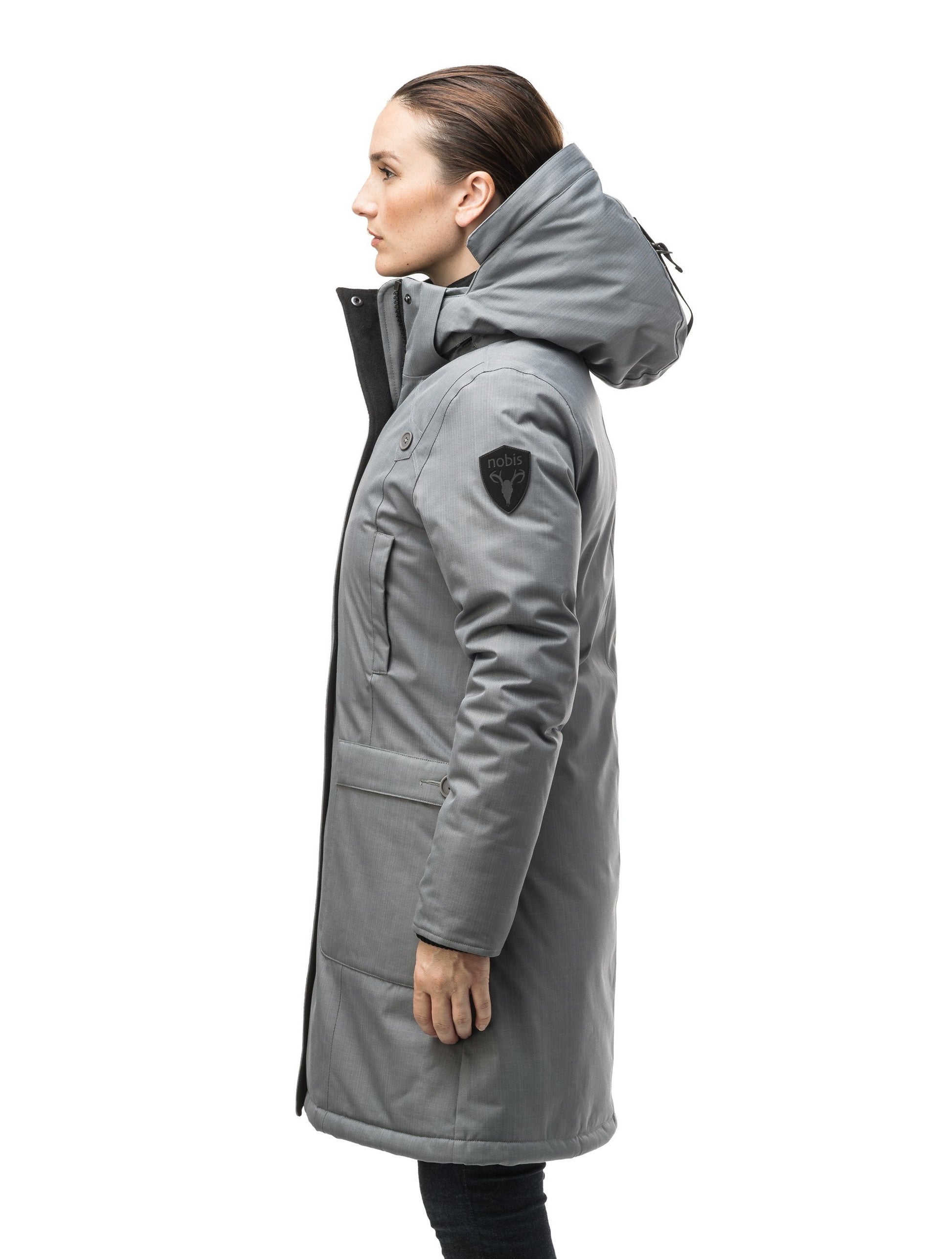 Best selling women's down filled knee length parka with removable down filled hood in CH Concrete