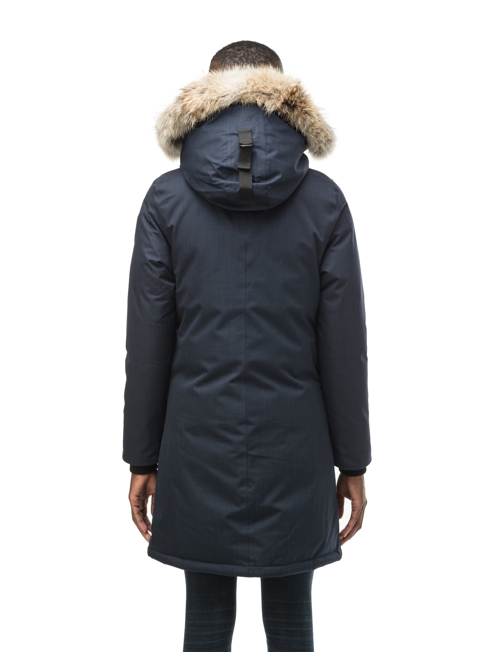 Best selling women's down filled knee length parka with removable down filled hood in CH Navy