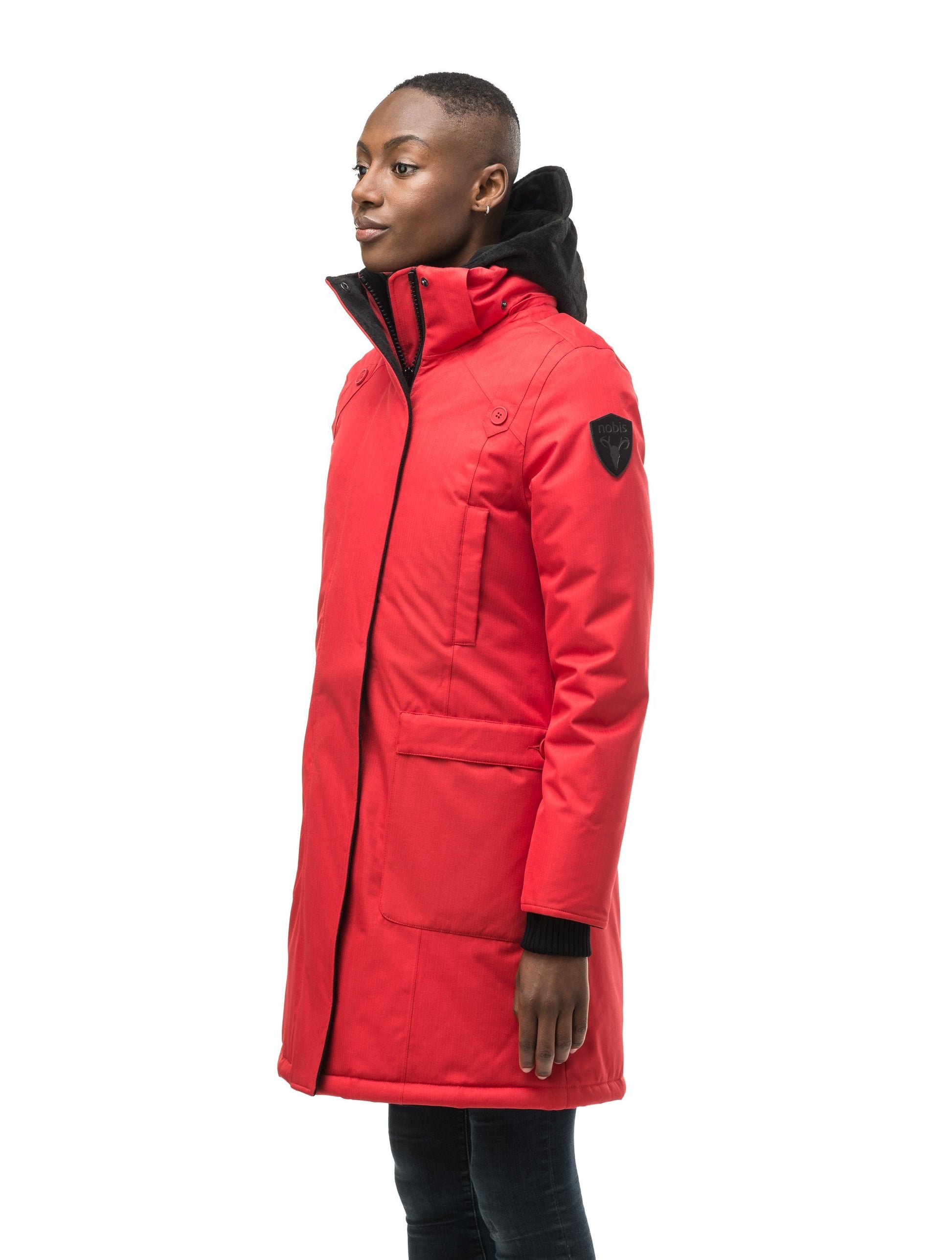 Best selling women's down filled knee length parka with removable down filled hood in CH Red