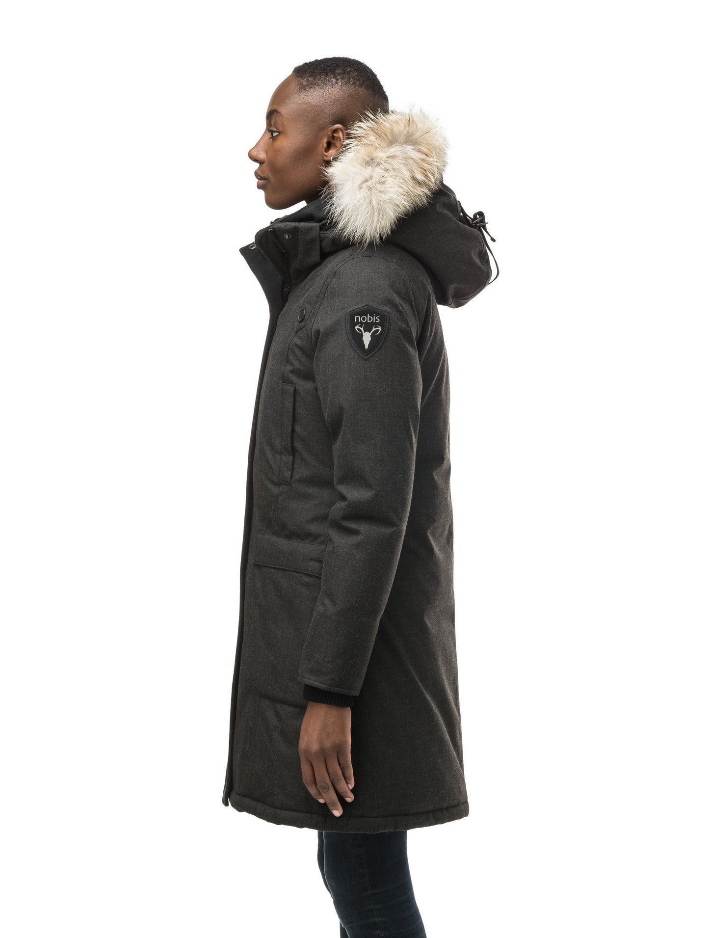 Best selling women's down filled knee length parka with removable down filled hood in H. Black