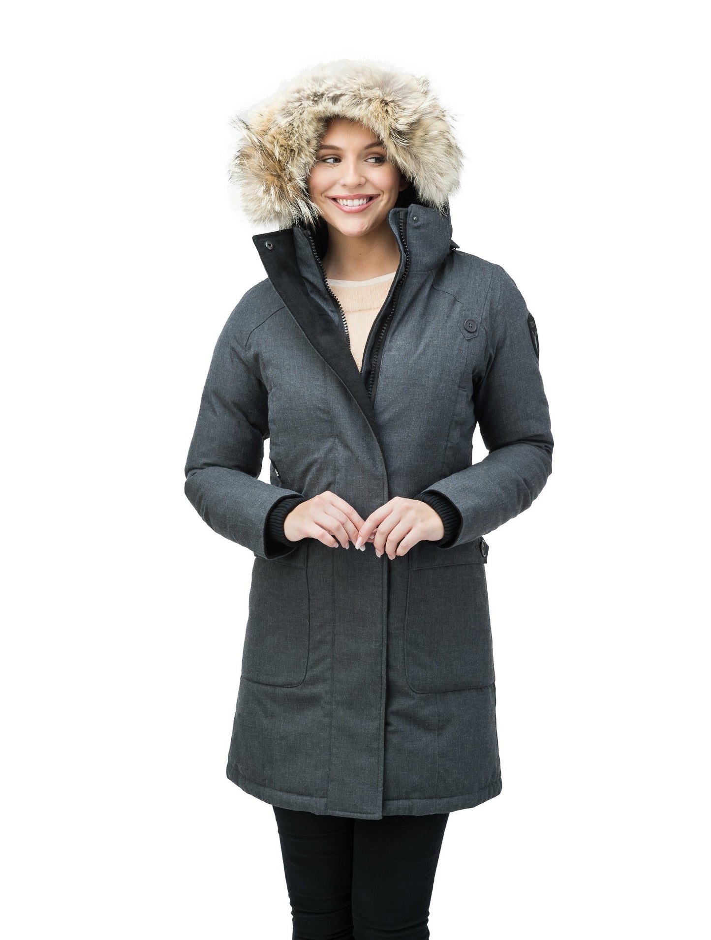 Best selling women's down filled knee length parka with removable down filled hood in H. Charcoal