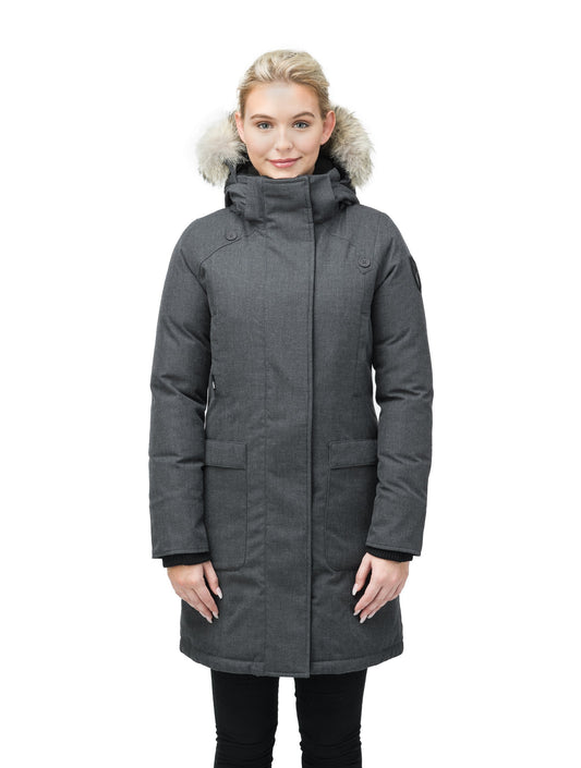 Best selling women's down filled knee length parka with removable down filled hood in H. Charcoal