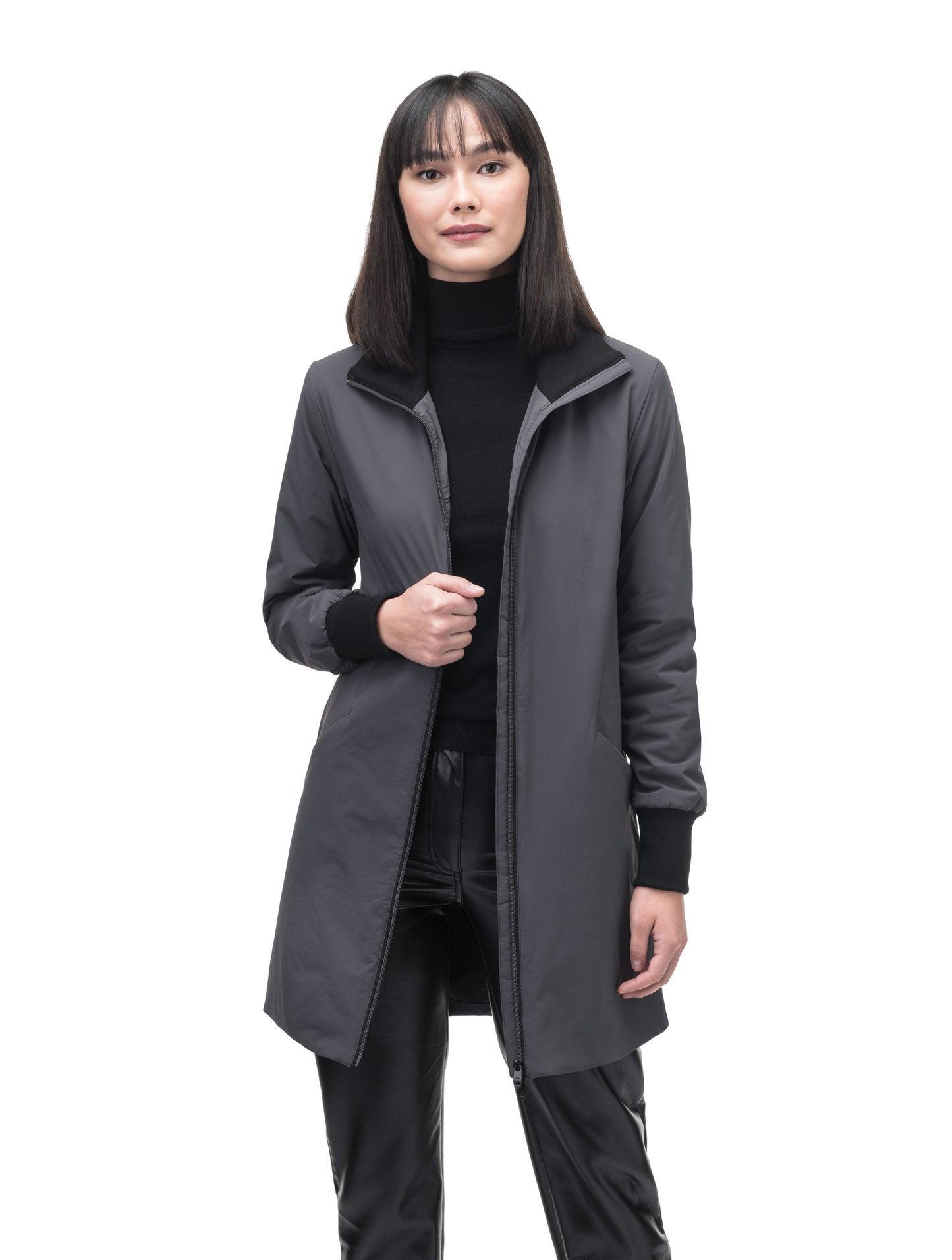 Mora Ladies Mid Layer Rib Neck Jacket in thigh length, Primaloft insulation, ribbing at collar and cuffs, and two-way front zipper, in Steel Grey